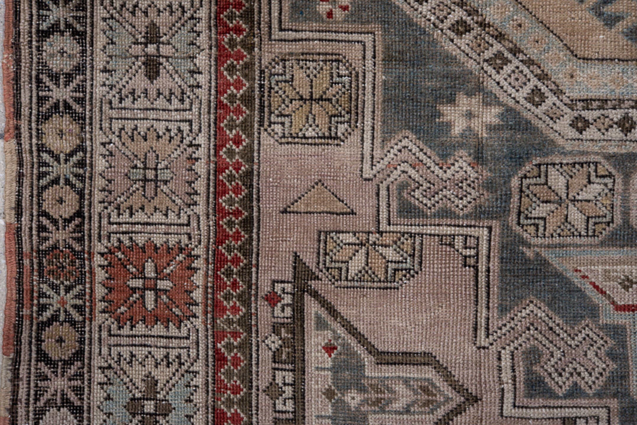 4' x 6' one-of-a-kind handmade antique Shiraz small size rug. Color palette: ivory, charcoal, sky blue, rust, taupe, black