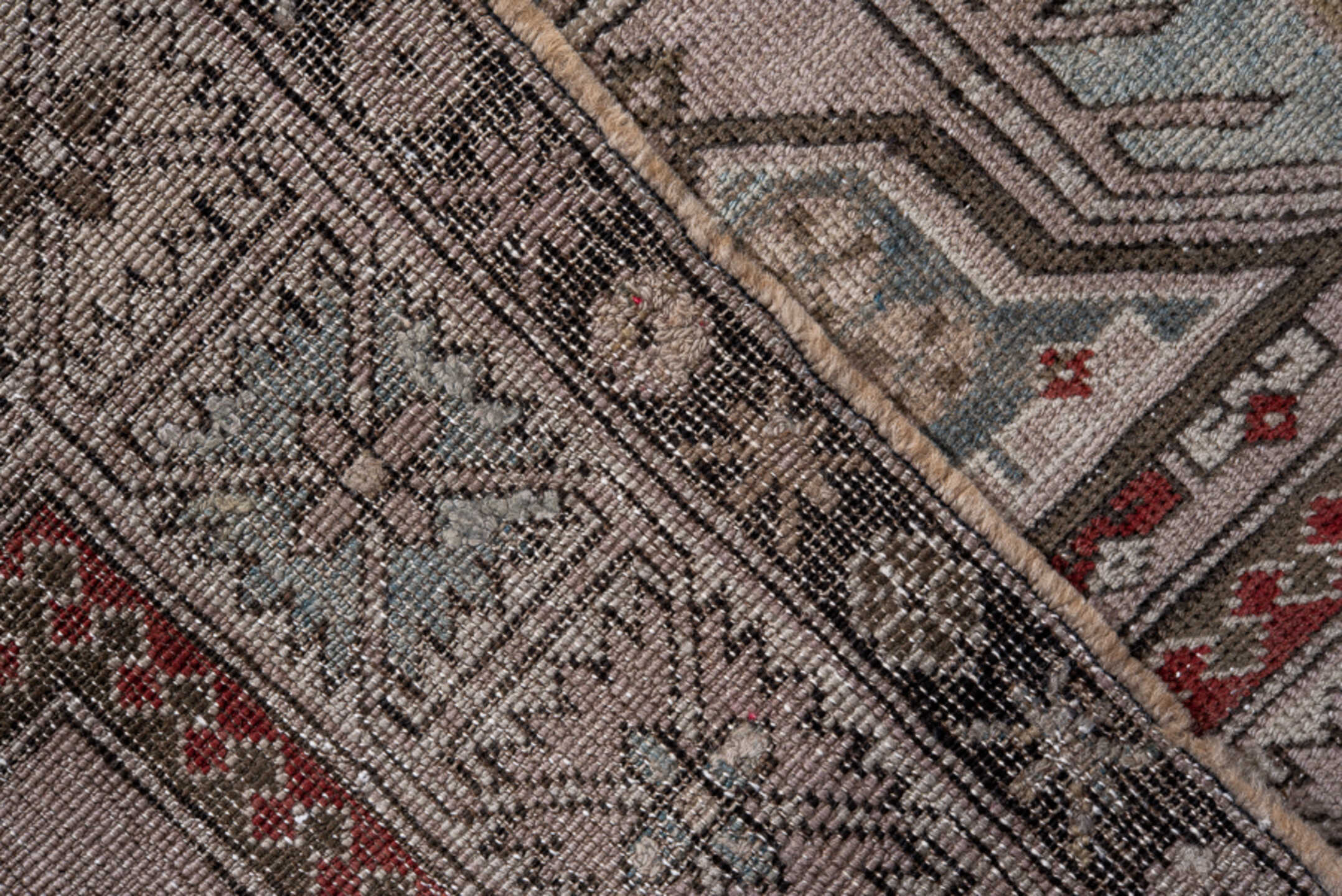 4' x 6' one-of-a-kind handmade antique Shiraz small size rug. Color palette: ivory, charcoal, sky blue, rust, taupe, black