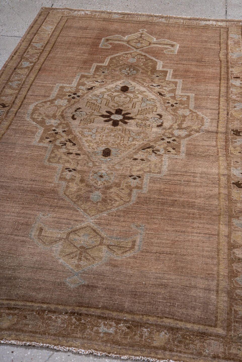 3' x 7' one-of-a-kind handmade antique Oushak rug. Color palette: taupe, camel, ivory, beige, brown, charcoal, pale blue