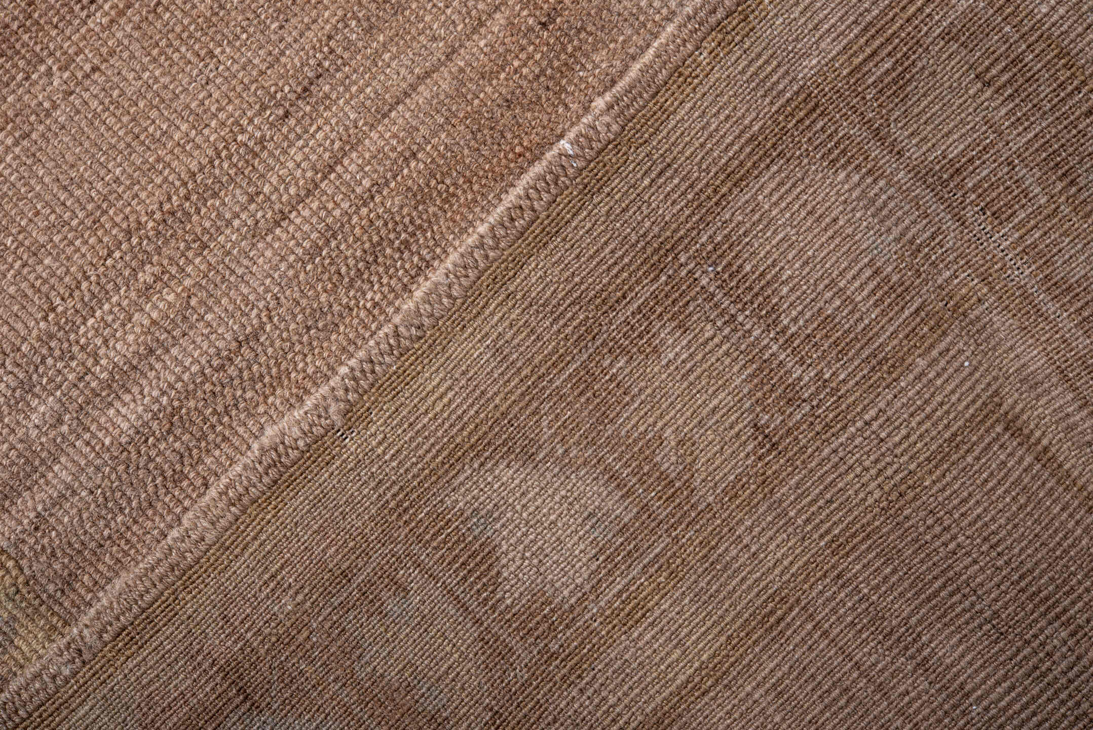 3' x 7' one-of-a-kind handmade antique Oushak rug. Color palette: taupe, camel, ivory, beige, brown, charcoal, pale blue