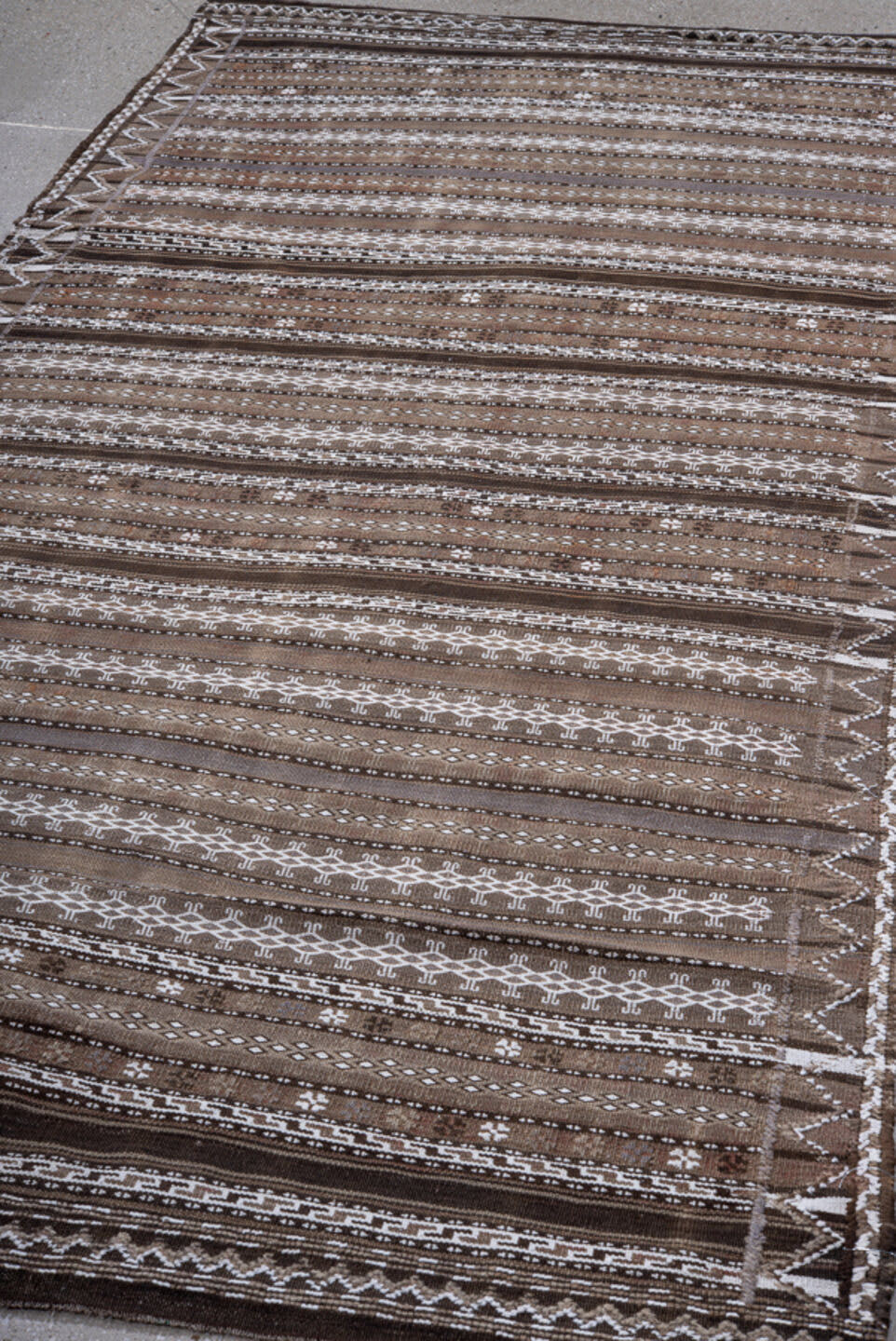 4' x 9' one-of-a-kind handmade vintage Kilim runner rug. Color palette: taupe, ivory, dark_brown, brown, beige, gray