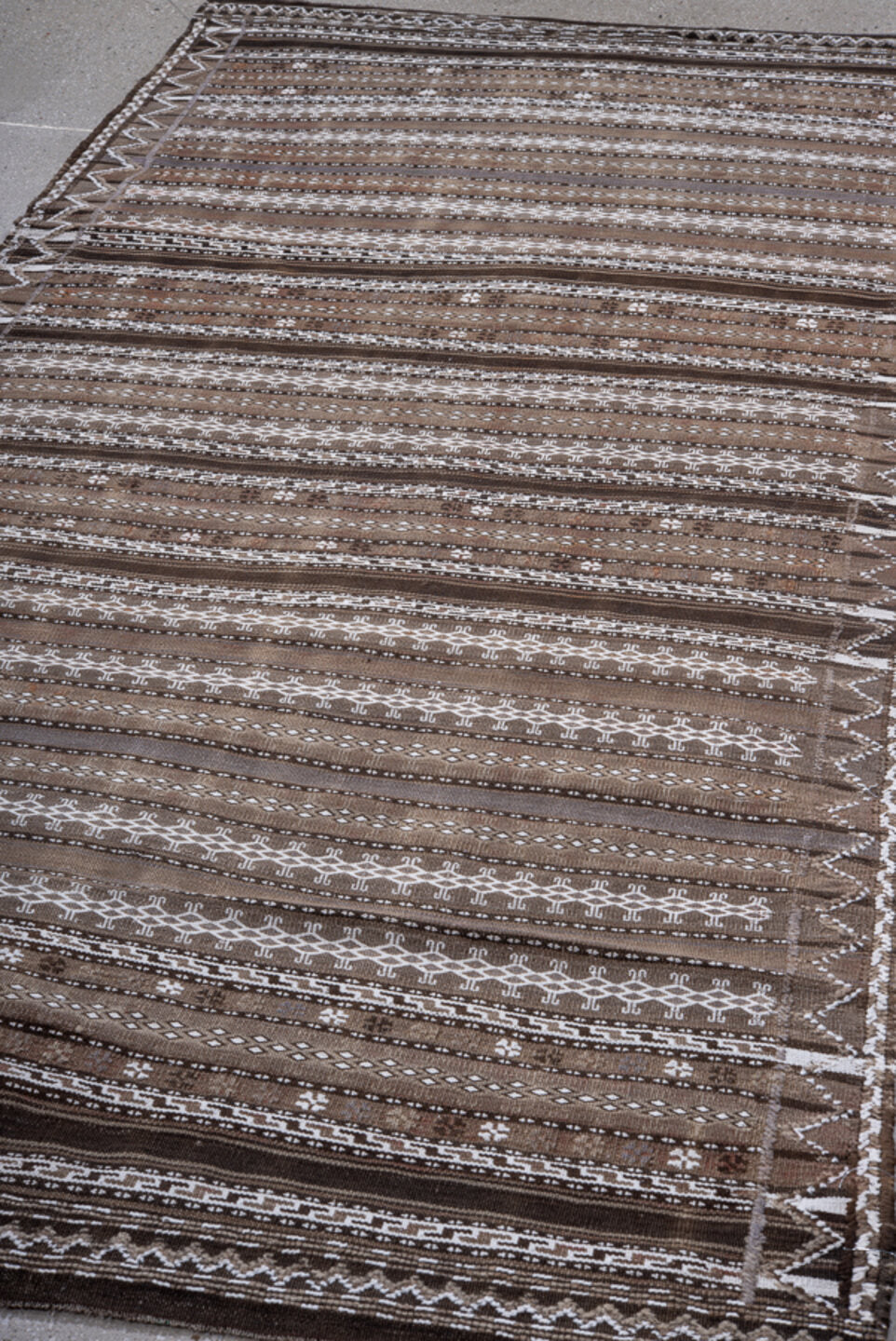 4' x 9' one-of-a-kind handmade vintage Kilim runner rug. Color palette: taupe, ivory, dark_brown, brown, beige, gray