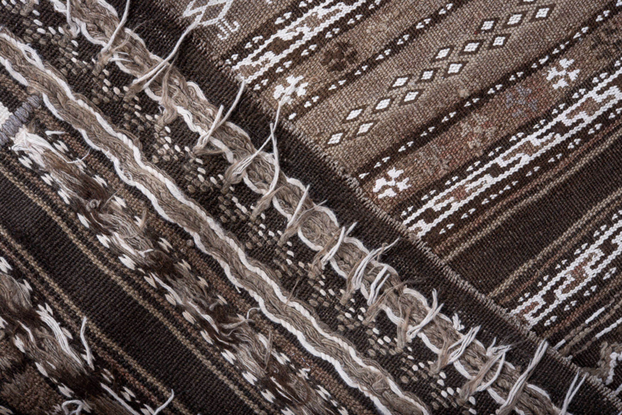 4' x 9' one-of-a-kind handmade vintage Kilim runner rug. Color palette: black, brown, charcoal, dark gray, gray, light gray