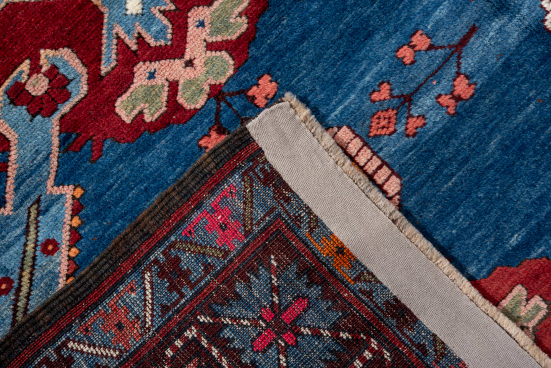 3' x 6' one-of-a-kind handmade antique Kuba small size rug. Color palette: blue, crimson, ivory, sky blue, pink, navy, sage