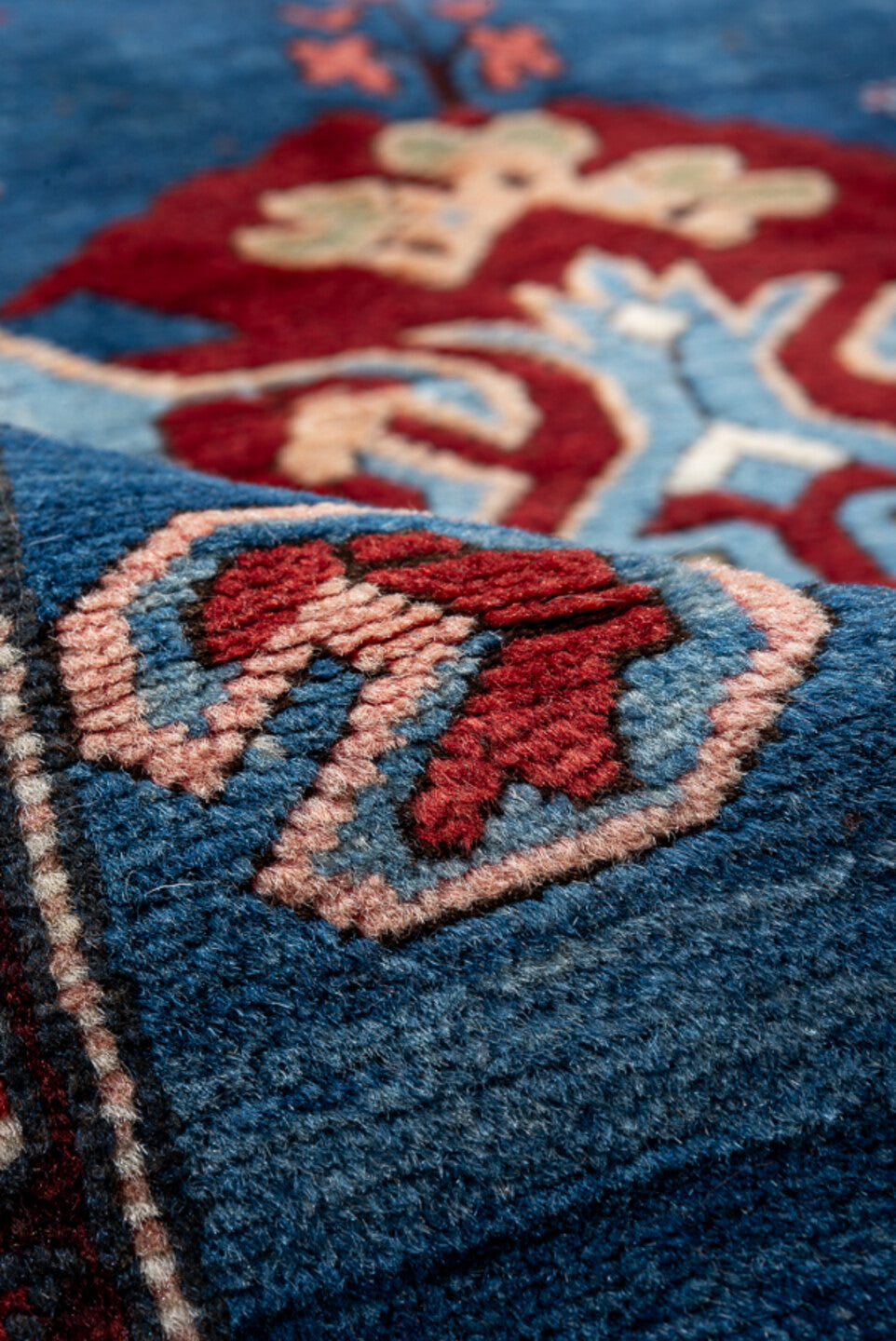 3' x 6' one-of-a-kind handmade antique Kuba small size rug. Color palette: blue, crimson, ivory, sky blue, pink, navy, sage