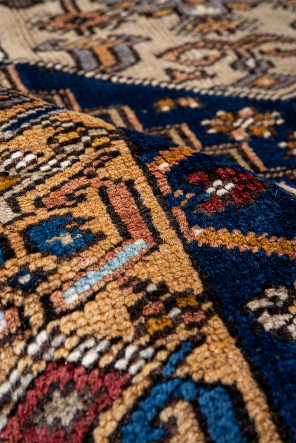 3' x 5' one-of-a-kind handmade antique Oushak small size rug. Color palette: blue, camel, navy, ivory, rust, gold, rose