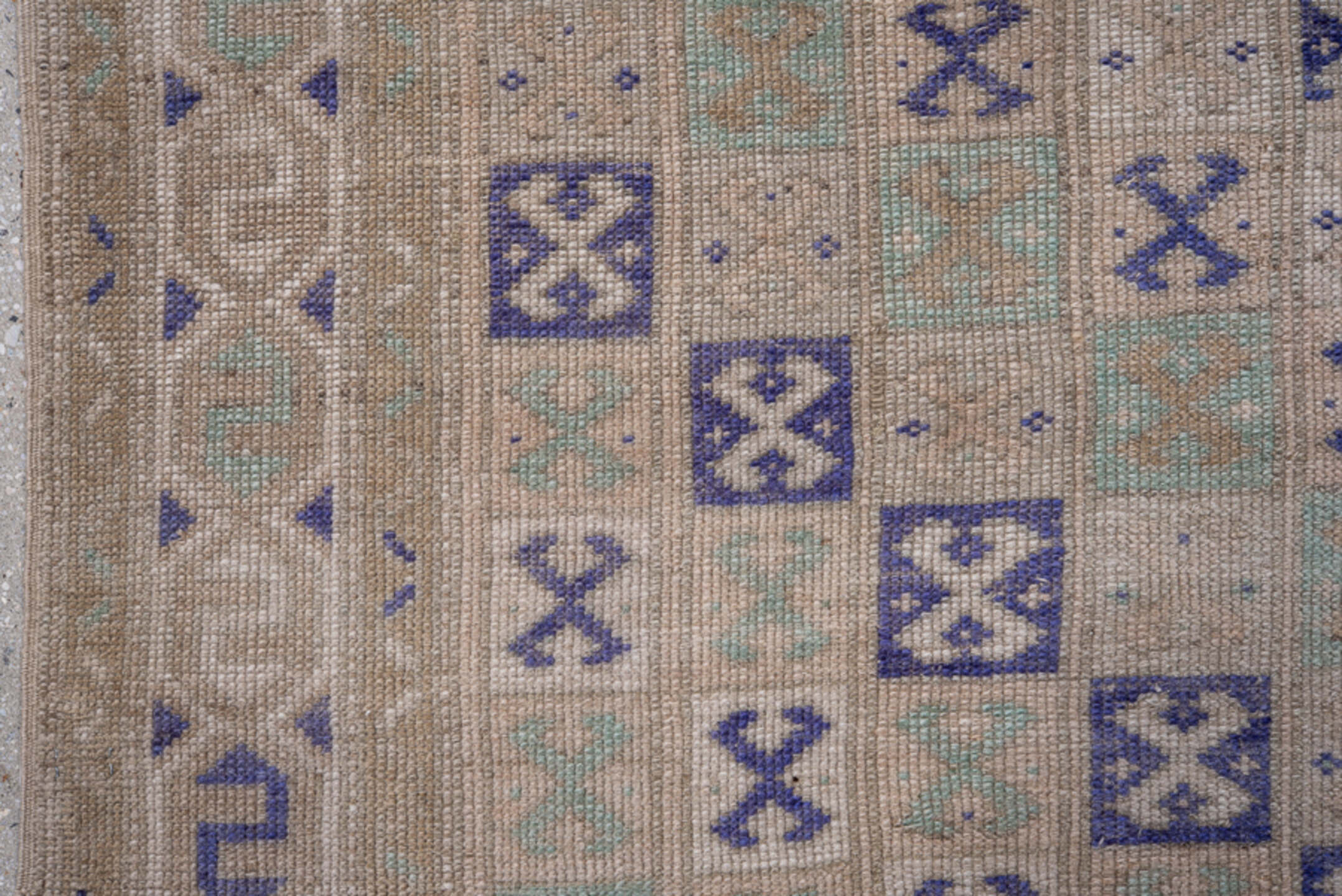 2' x 3' one-of-a-kind handmade vintage Oushak small size rug. Color palette: beige, ivory, lavender, pale aqua, taupe
