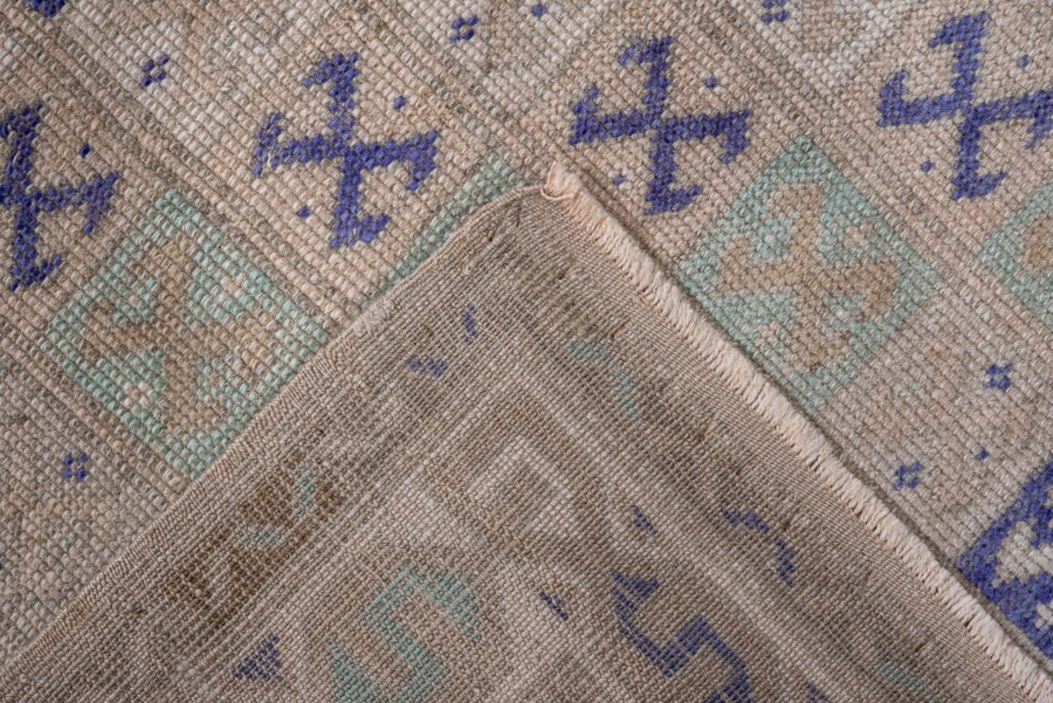 2' x 3' one-of-a-kind handmade vintage Oushak small size rug. Color palette: beige, ivory, lavender, pale aqua, taupe