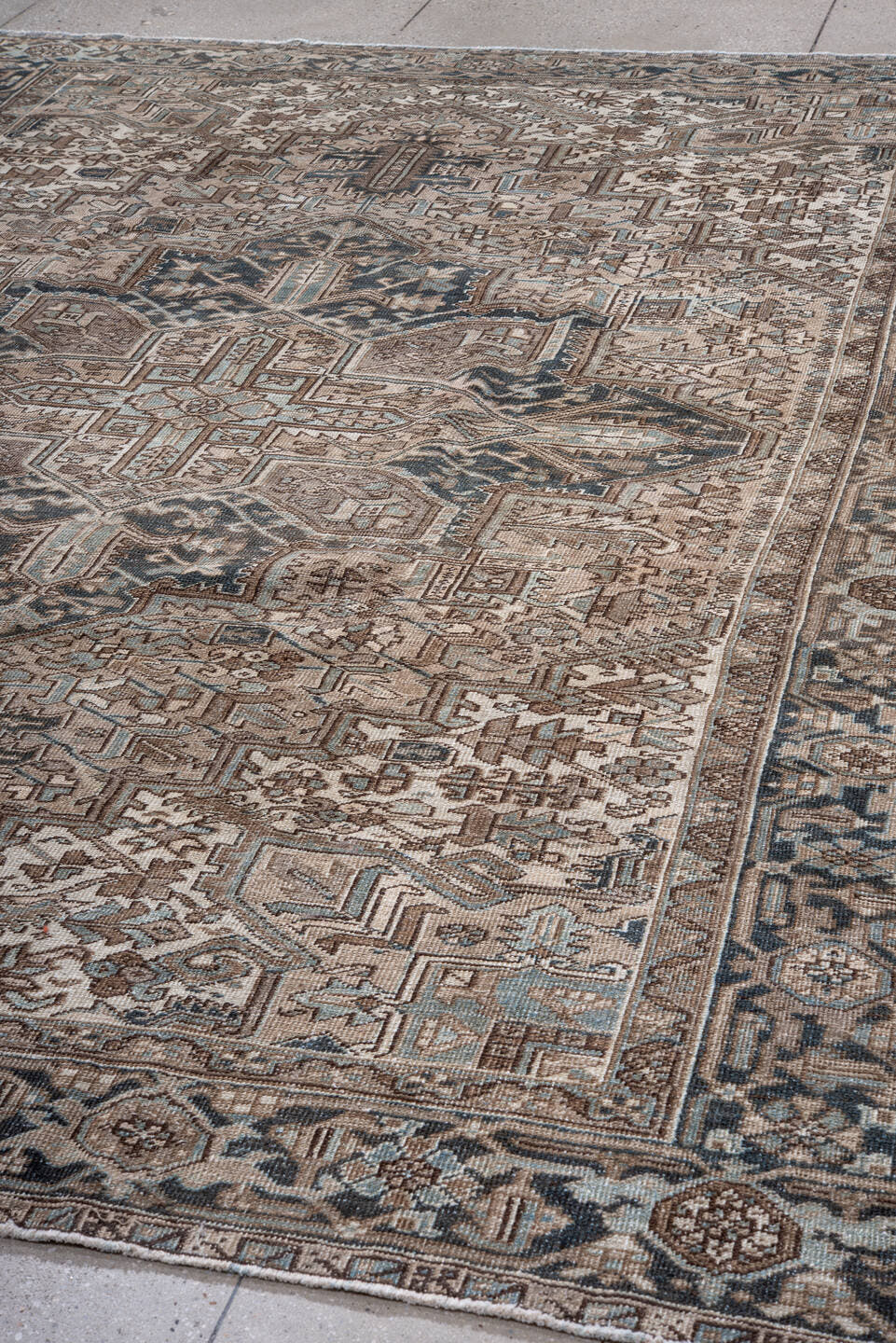 8' x 11' one-of-a-kind handmade vintage Heriz large size rug. Color palette: ivory, taupe, charcoal, pale_blue, brown, slate