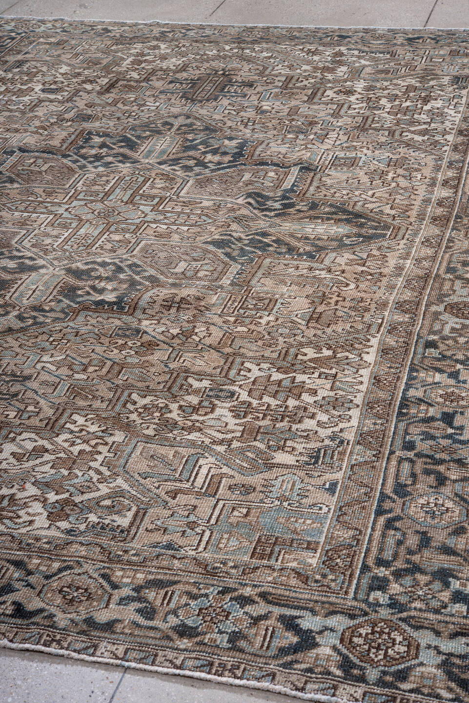 8' x 11' one-of-a-kind handmade vintage Heriz large size rug. Color palette: ivory, taupe, charcoal, pale_blue, brown, slate