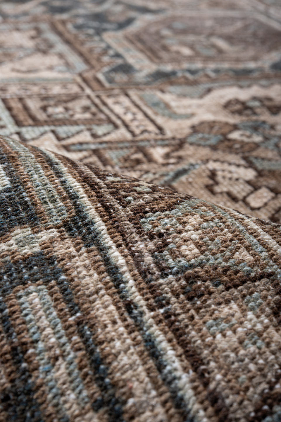 8' x 11' one-of-a-kind handmade vintage Heriz large size rug. Color palette: ivory, taupe, charcoal, pale_blue, brown, slate
