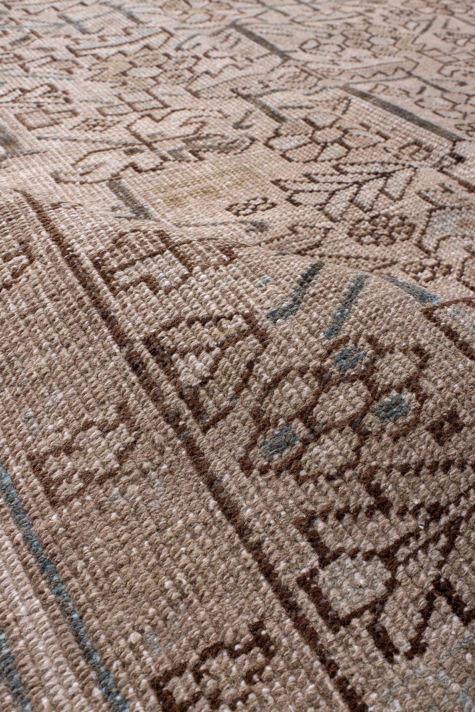6' x 9' one-of-a-kind handmade antique Heriz medium size rug. Color palette: ivory, taupe, slate, charcoal, camel
