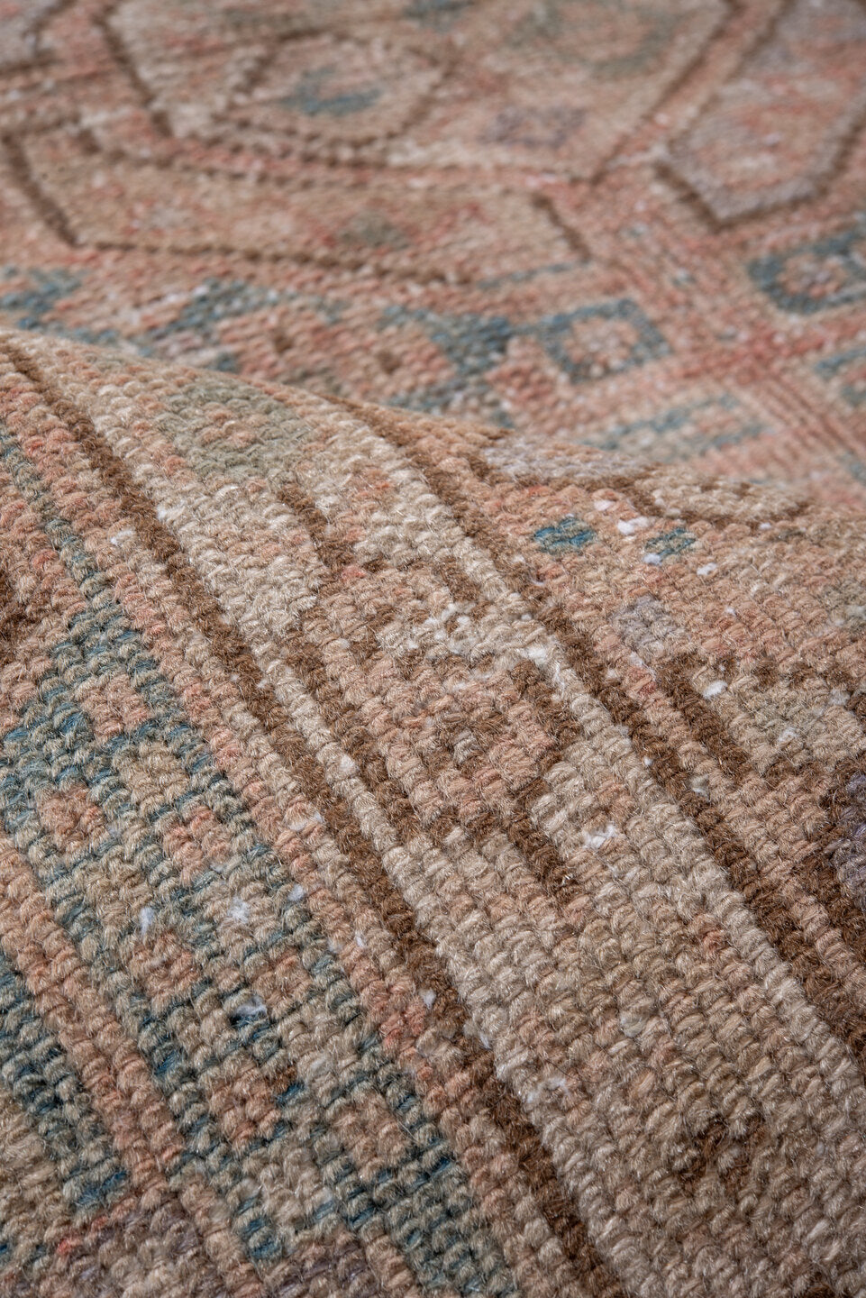 3' x 5' one-of-a-kind handmade antique Karaje small size rug. Color palette: ivory, blush, sky blue, taupe, camel, rose