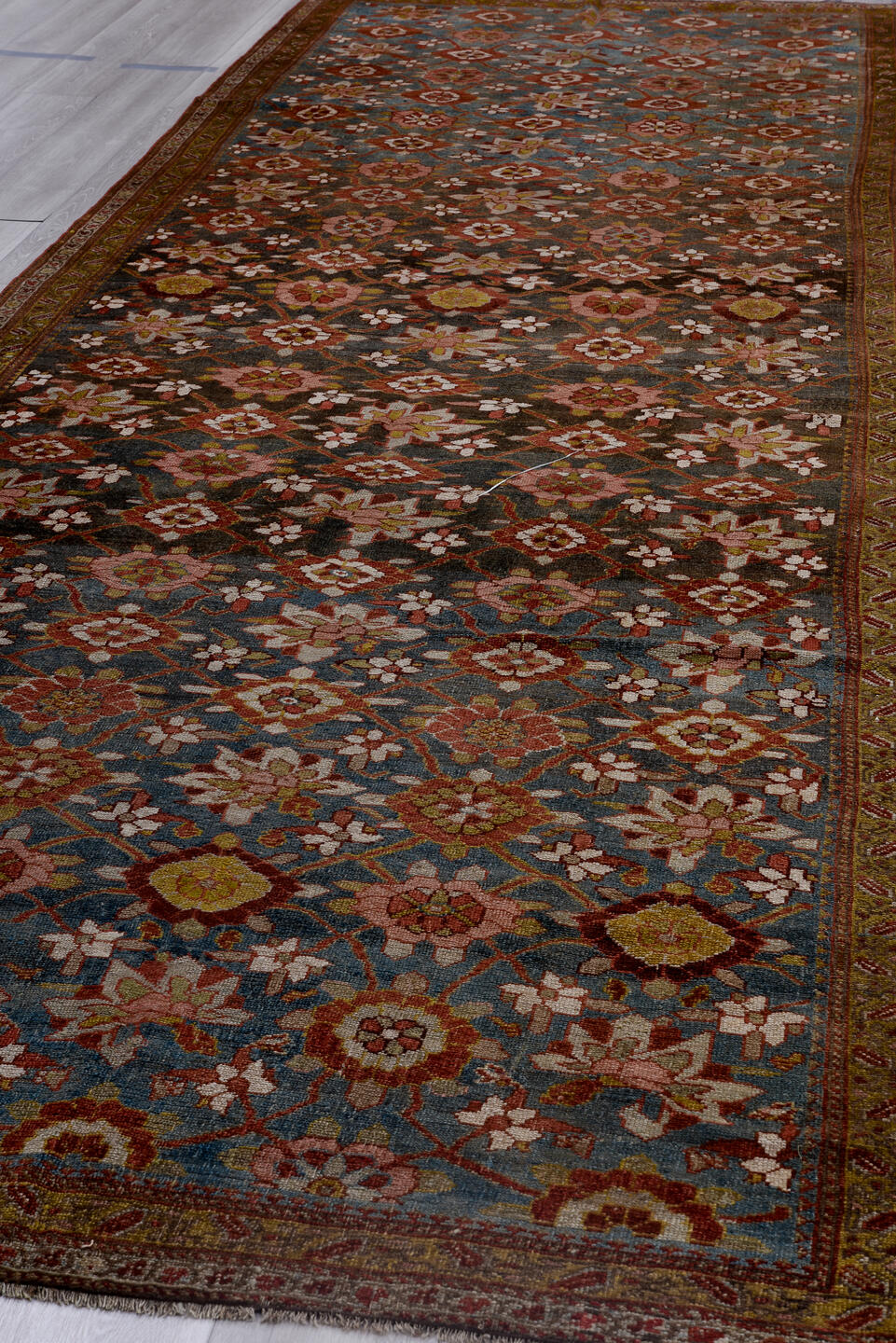 5' x 16' one-of-a-kind handmade vintage Varamin rug. Color palette: black, blue, brown, gray, light gray, pink, red