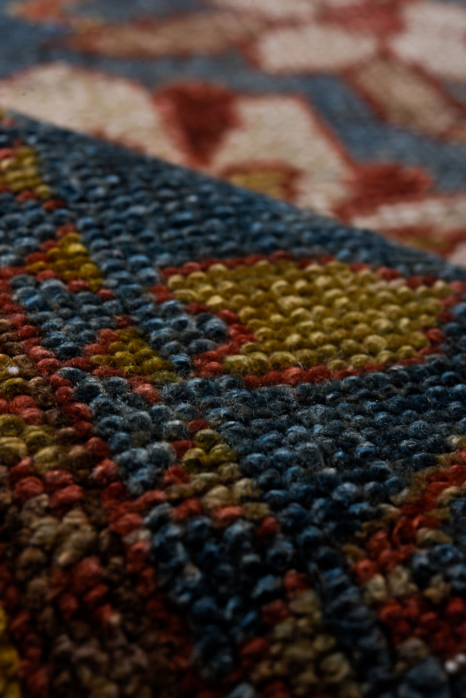 5' x 16' one-of-a-kind handmade vintage Varamin rug. Color palette: blue, rust, ivory, rose, gold, brown, charcoal