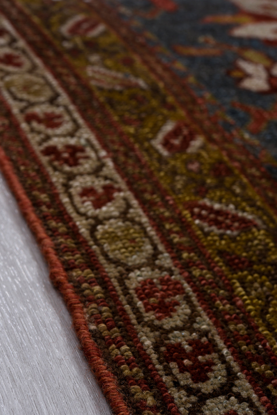 5' x 16' one-of-a-kind handmade vintage Varamin rug. Color palette: black, blue, brown, gray, light gray, pink, red