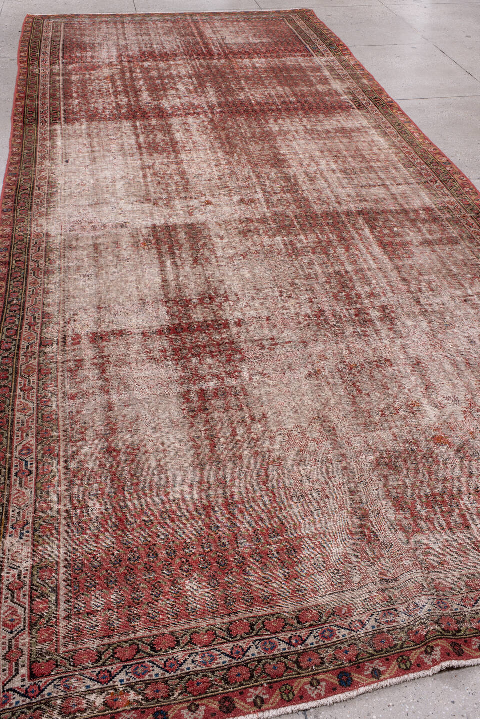 6' x 16' one-of-a-kind handmade vintage Saraband rug. Color palette: brown, gray, light gray, off-white, pink, red