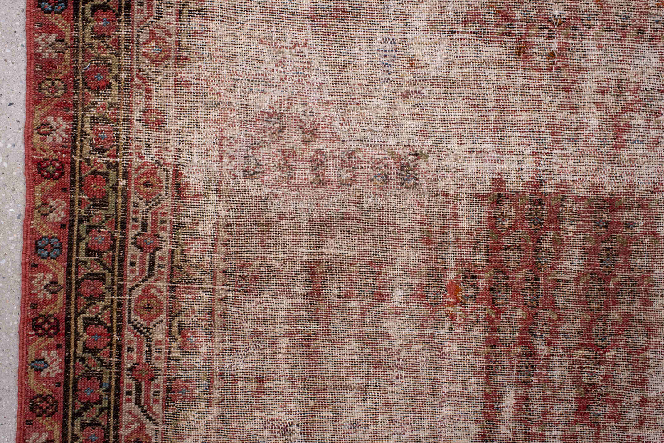 6' x 16' one-of-a-kind handmade vintage Saraband rug. Color palette: brown, gray, light gray, off-white, pink, red