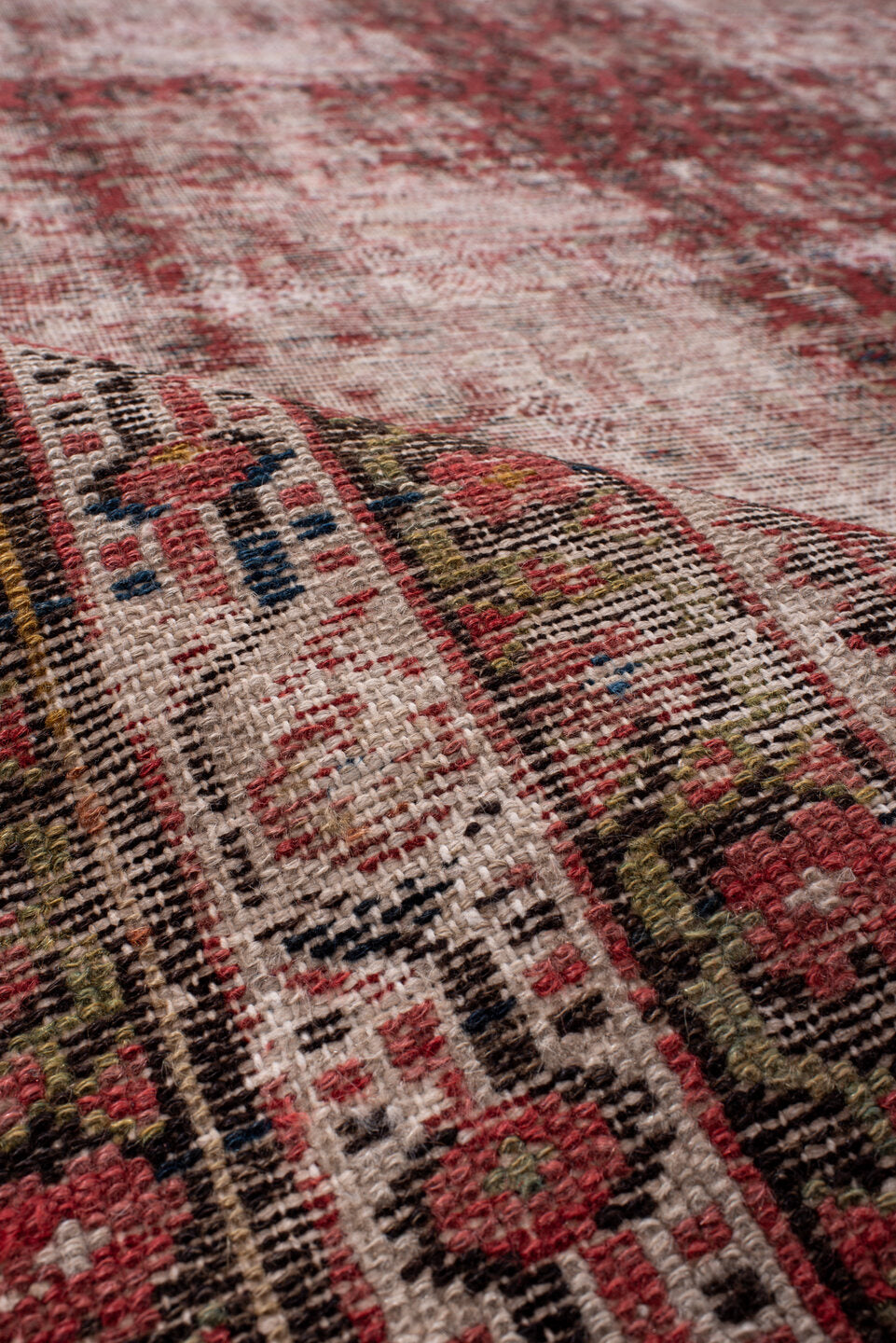 6' x 16' one-of-a-kind handmade vintage Saraband rug. Color palette: brown, gray, light gray, off-white, pink, red