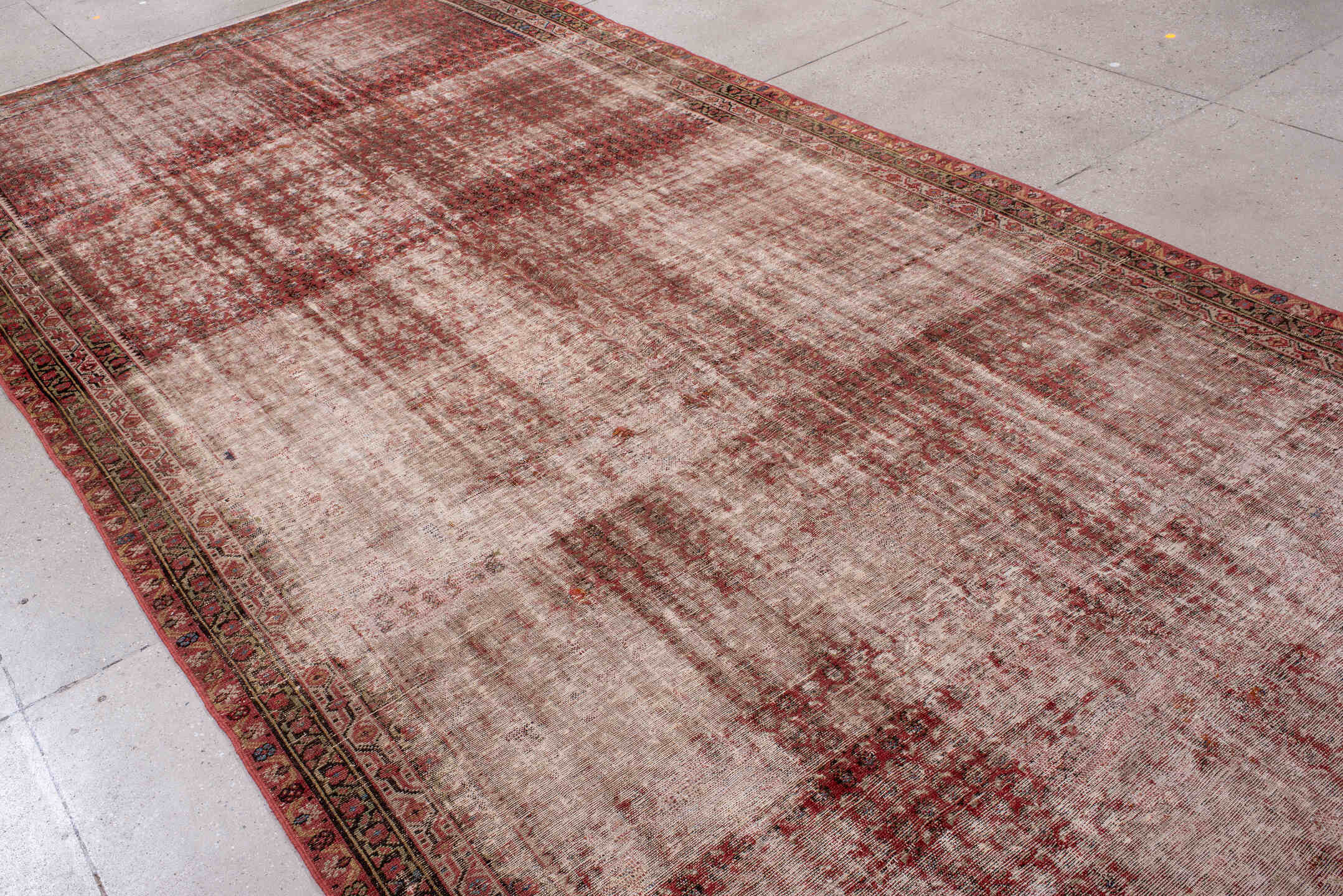 6' x 16' one-of-a-kind handmade vintage Saraband rug. Color palette: brown, gray, light gray, off-white, pink, red