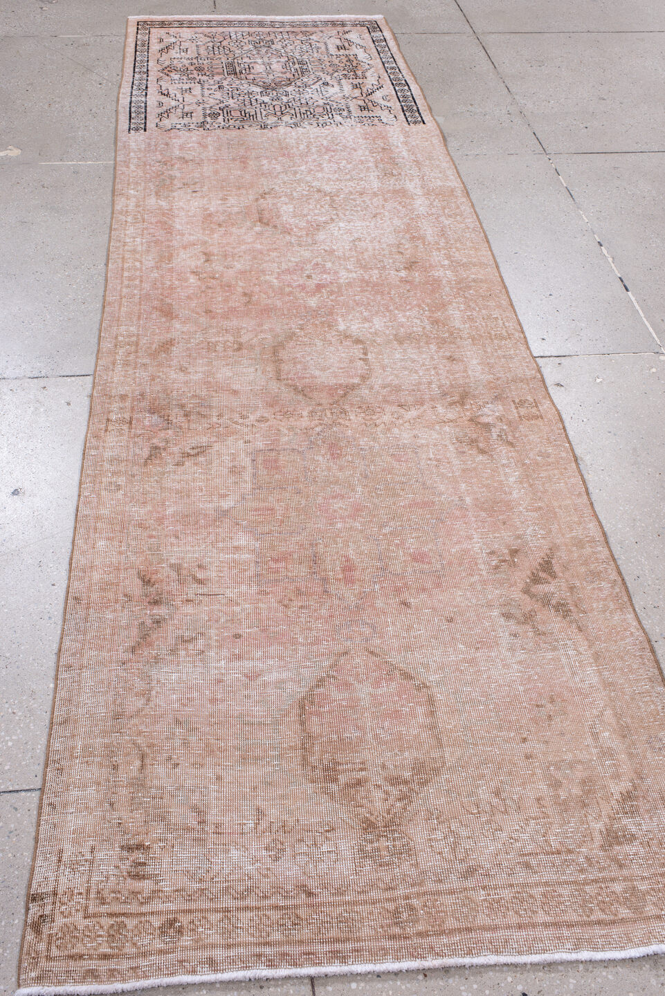 3' x 10' one-of-a-kind handmade antique Sarab runner rug. Color palette: blush, ivory, taupe, brown, rose, pink, beige, gray