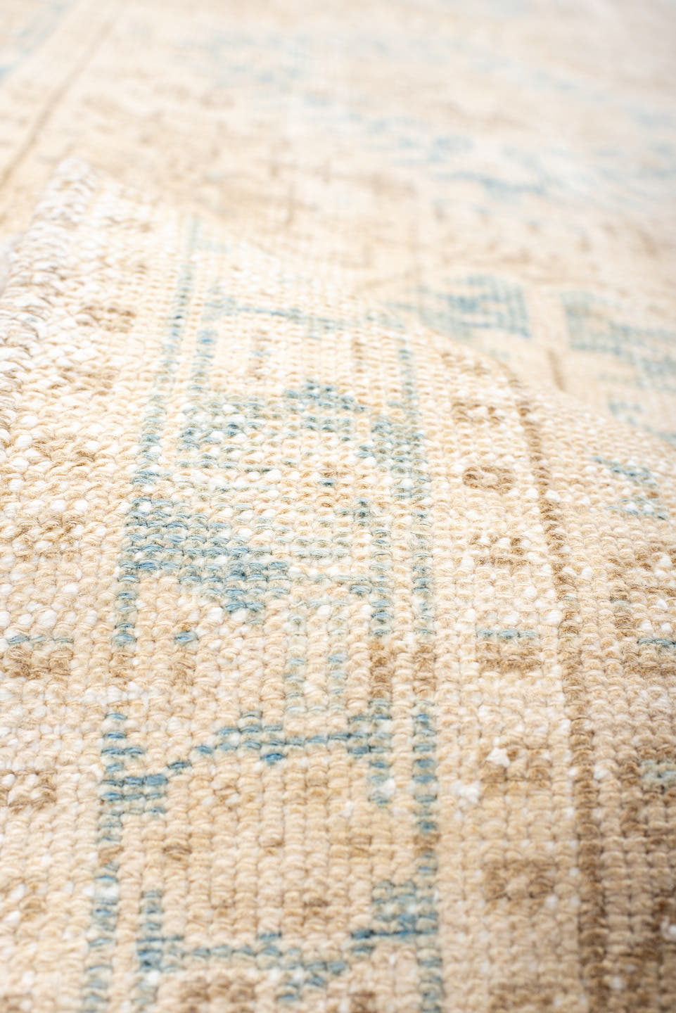 2' x 11' one-of-a-kind handmade antique Karaje runner rug. Color palette: ivory, pale blue, beige, cream, taupe, light blue