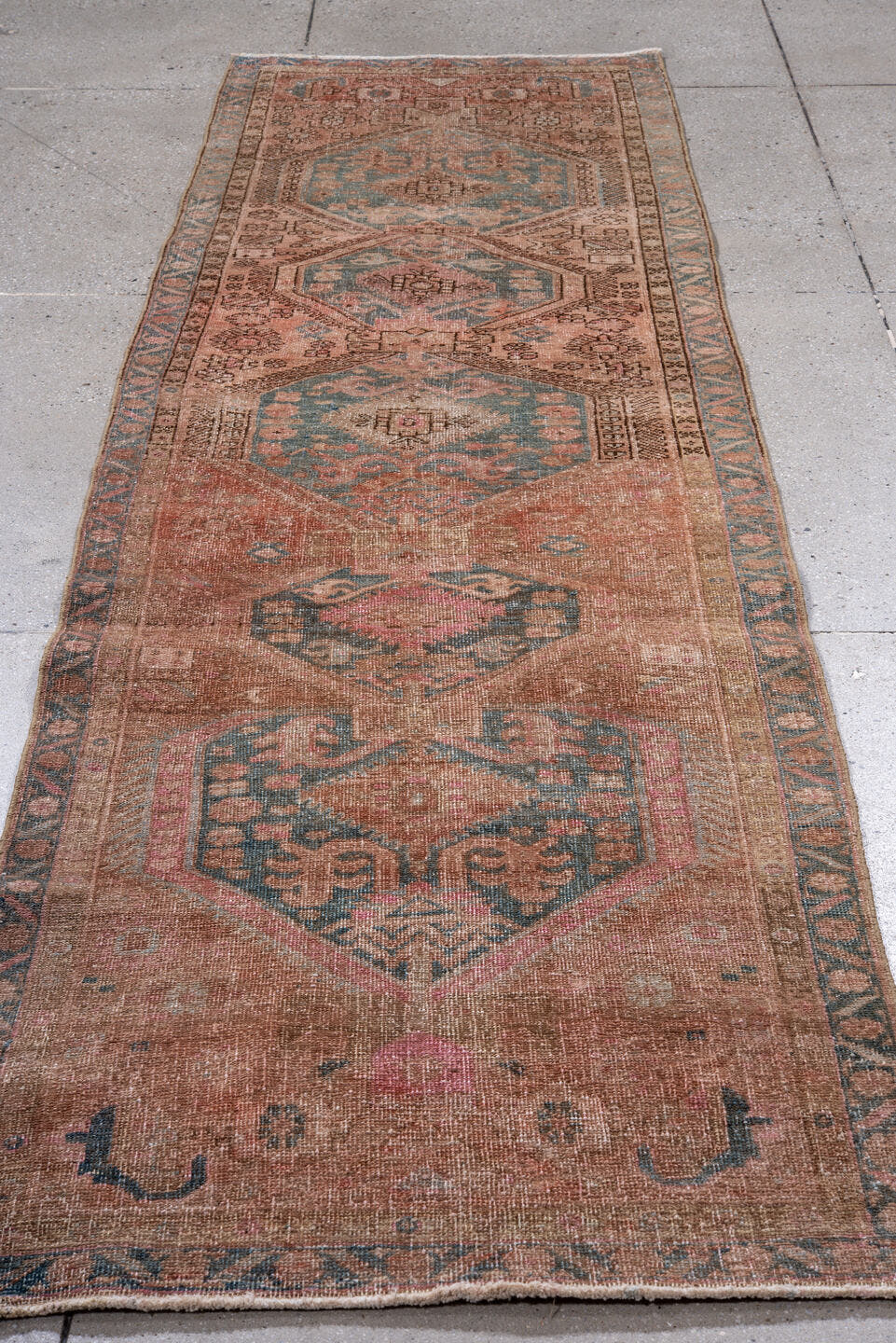 2' x 10' one-of-a-kind handmade antique Sarab runner rug. Color palette: rose, dusty blue, terracotta, ivory, taupe