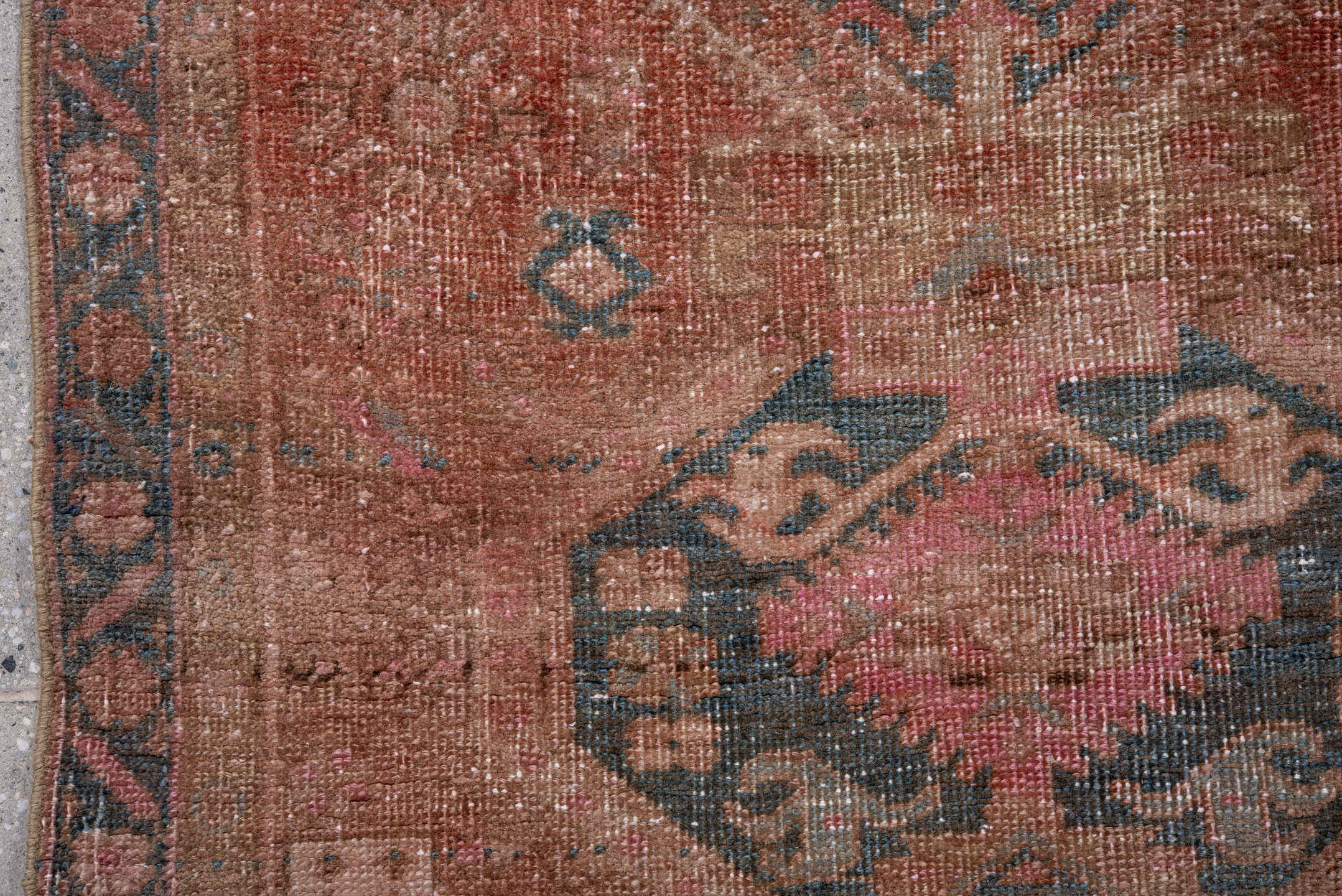 2' x 10' one-of-a-kind handmade antique Sarab runner rug. Color palette: rose, dusty blue, terracotta, ivory, taupe