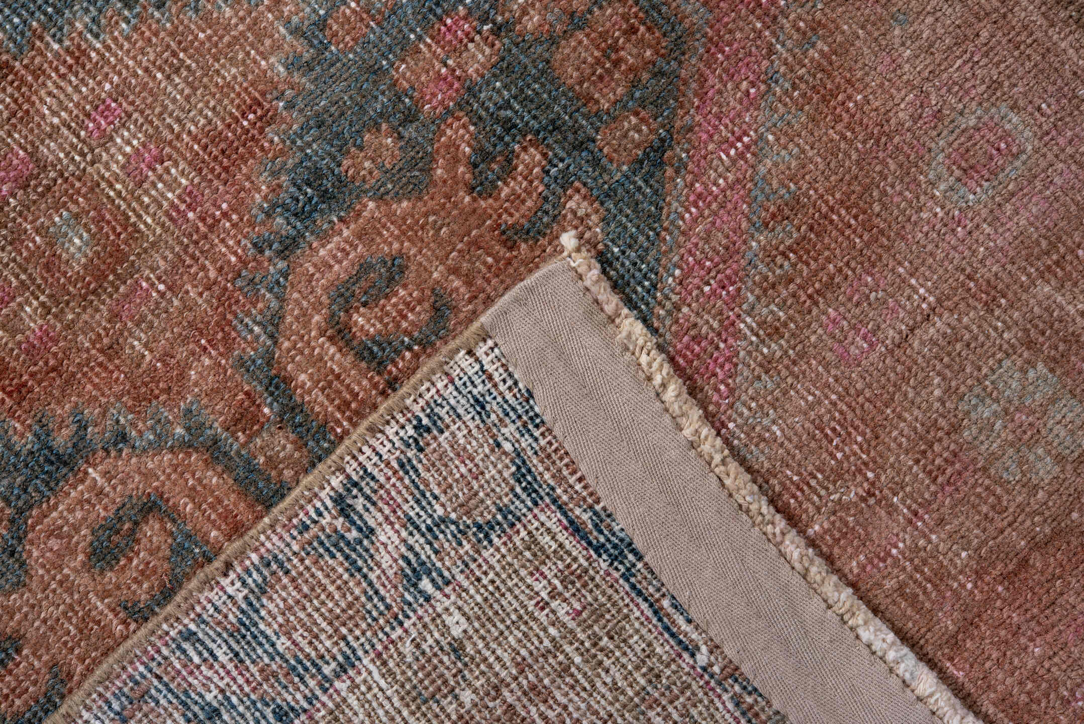2' x 10' one-of-a-kind handmade antique Sarab runner rug. Color palette: rose, dusty blue, terracotta, ivory, taupe