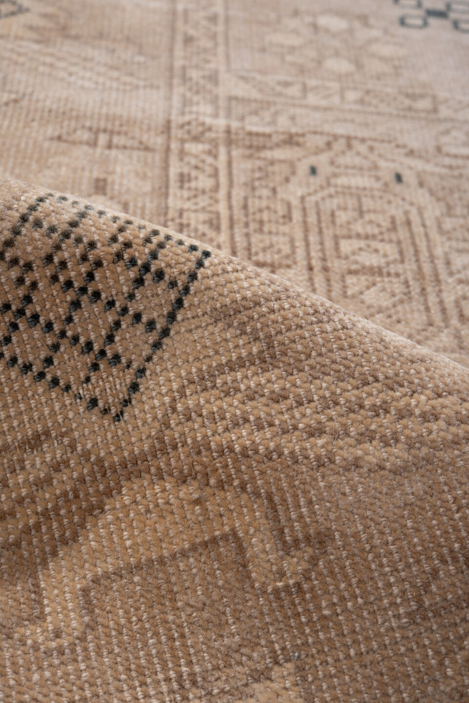 2' x 10' one-of-a-kind handmade antique Oushak runner rug. Color palette: camel, ivory, taupe, charcoal, beige, gray, black