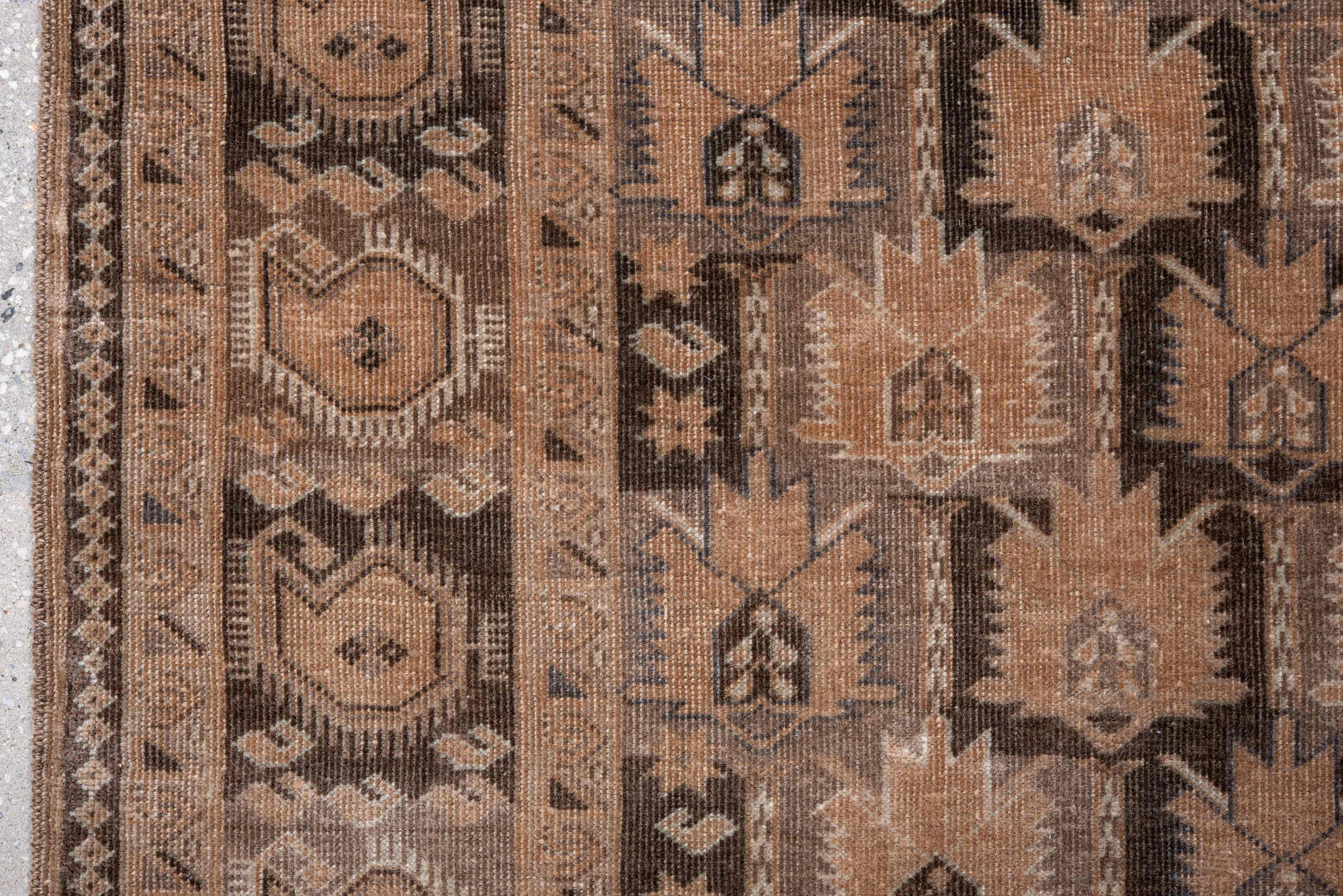2' x 9' one-of-a-kind handmade antique Belouch runner rug. Color palette: camel, brown, taupe, charcoal, ivory, slate, beige