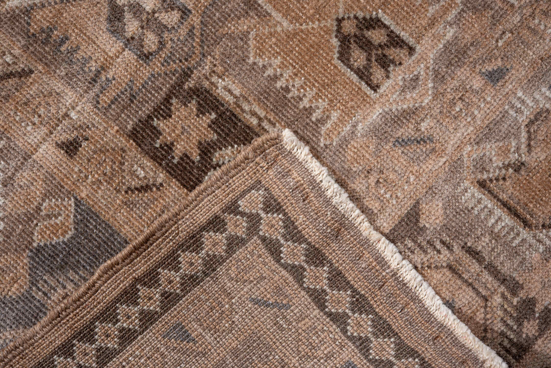 2' x 9' one-of-a-kind handmade antique Belouch runner rug. Color palette: camel, brown, taupe, charcoal, ivory, slate, beige