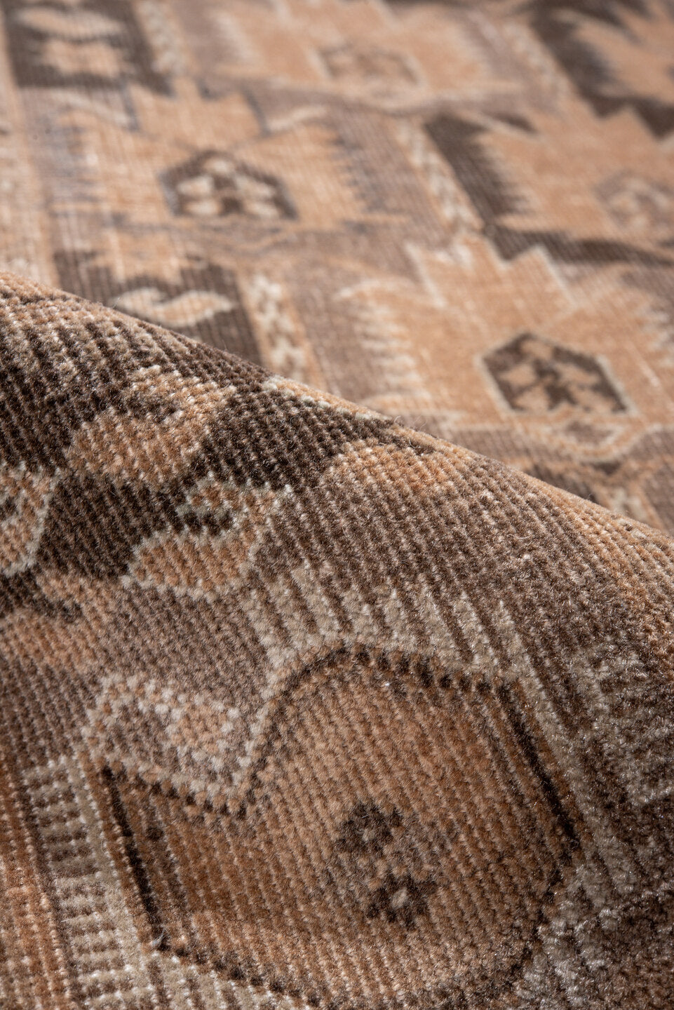 2' x 9' one-of-a-kind handmade antique Belouch runner rug. Color palette: camel, brown, taupe, charcoal, ivory, slate, beige