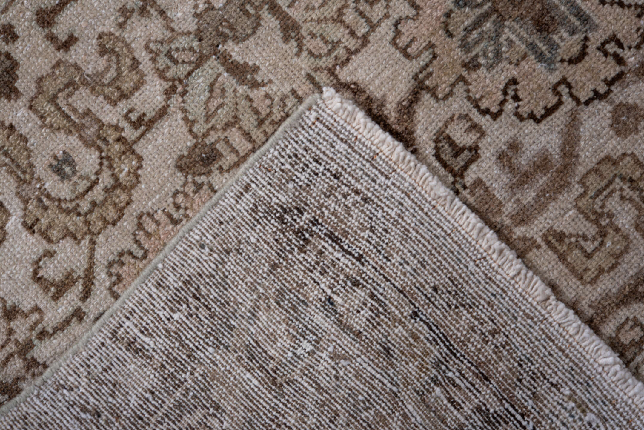 2' x 11' one-of-a-kind handmade vintage Dargazin runner rug. Color palette: brown, gray, light gray, off-white, pink, silver