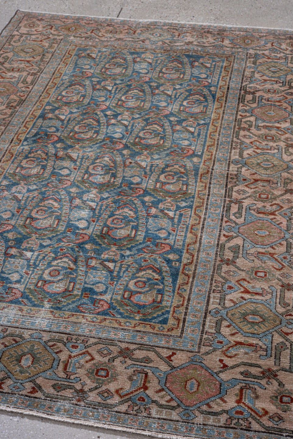 4' x 6' one-of-a-kind handmade antique Malayer small size rug. Color palette: sky blue, ivory, taupe, rust, slate, sage