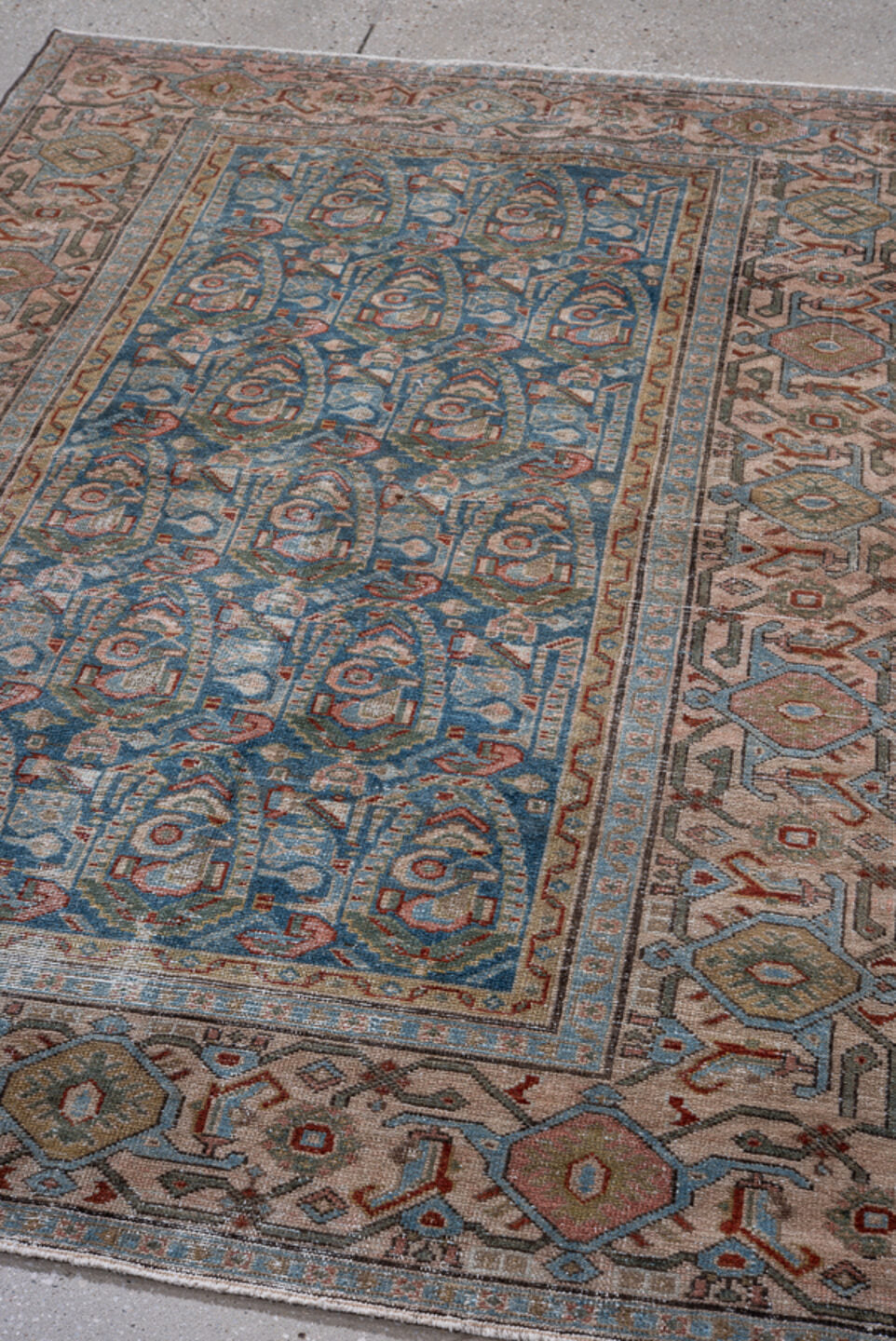 4' x 6' one-of-a-kind handmade antique Malayer small size rug. Color palette: sky blue, ivory, taupe, rust, slate, sage
