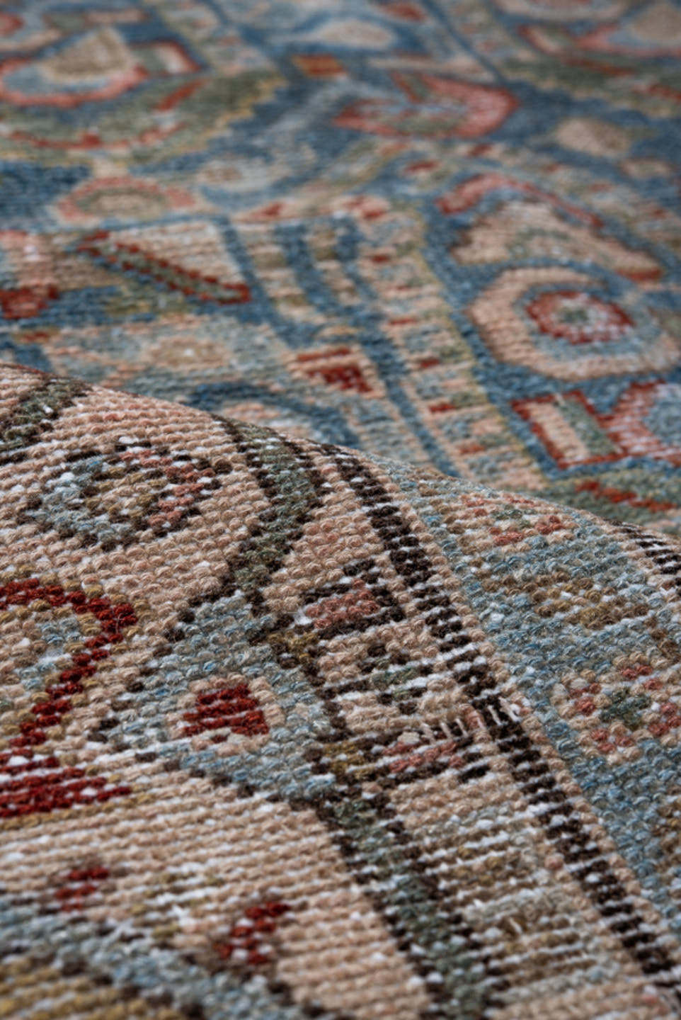 4' x 6' one-of-a-kind handmade antique Malayer small size rug. Color palette: sky blue, ivory, taupe, rust, slate, sage