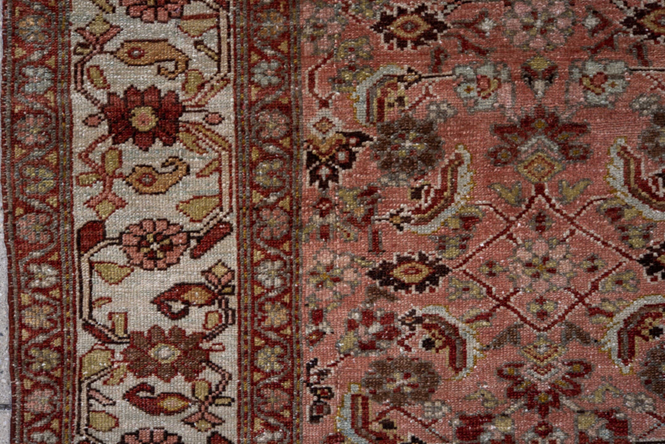 4' x 6' one-of-a-kind handmade antique Malayer small size rug. Color palette: rose, ivory, burgundy, camel, charcoal, taupe