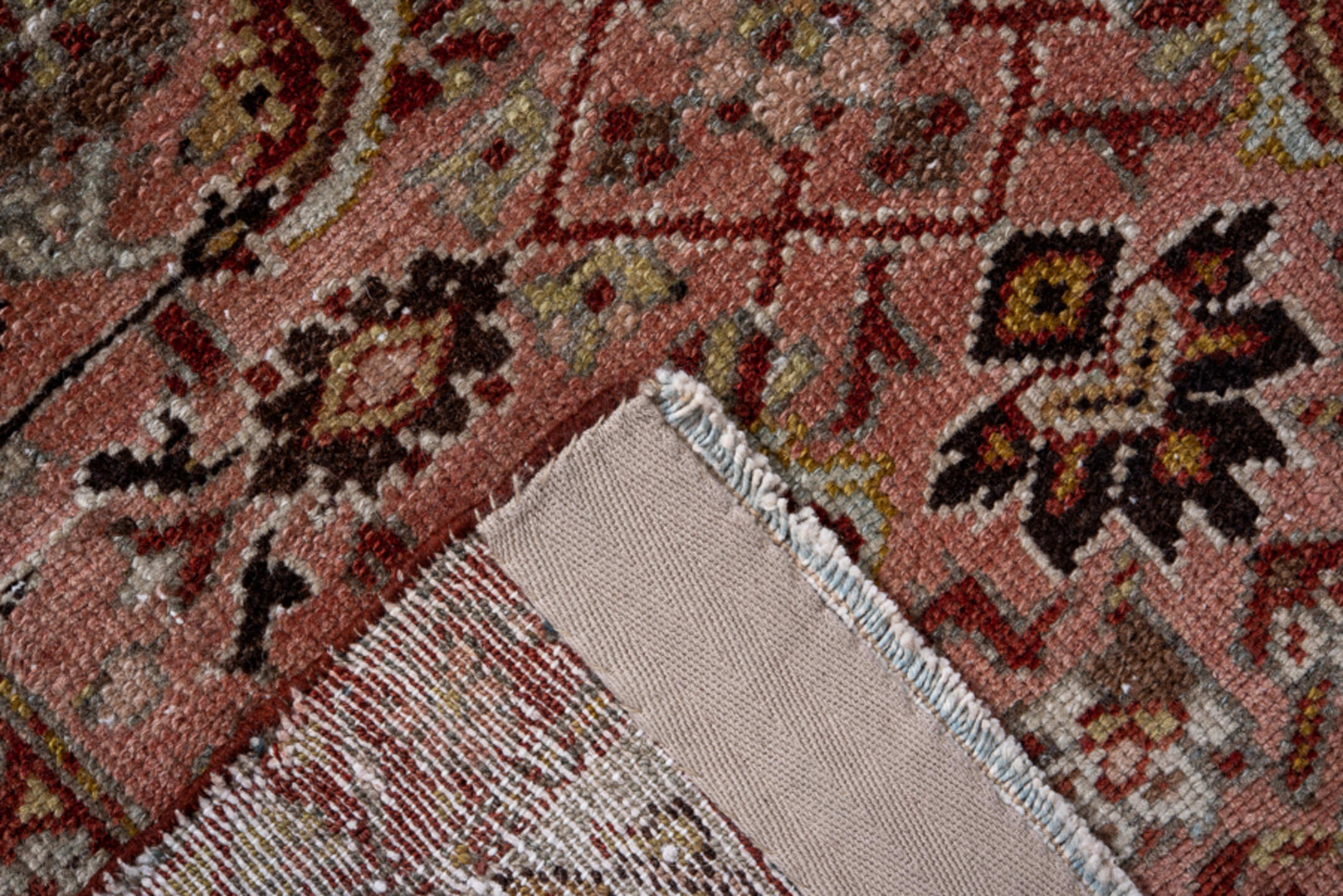 4' x 6' one-of-a-kind handmade antique Malayer small size rug. Color palette: rose, ivory, burgundy, camel, charcoal, taupe