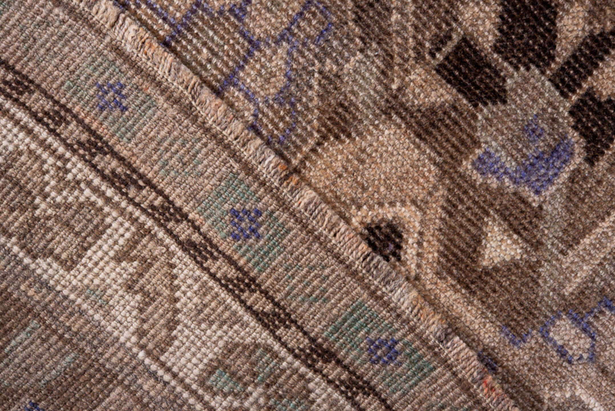 3' x 4' one-of-a-kind handmade antique Karabagh small size rug. Color palette: brown, taupe, ivory, charcoal, slate, violet