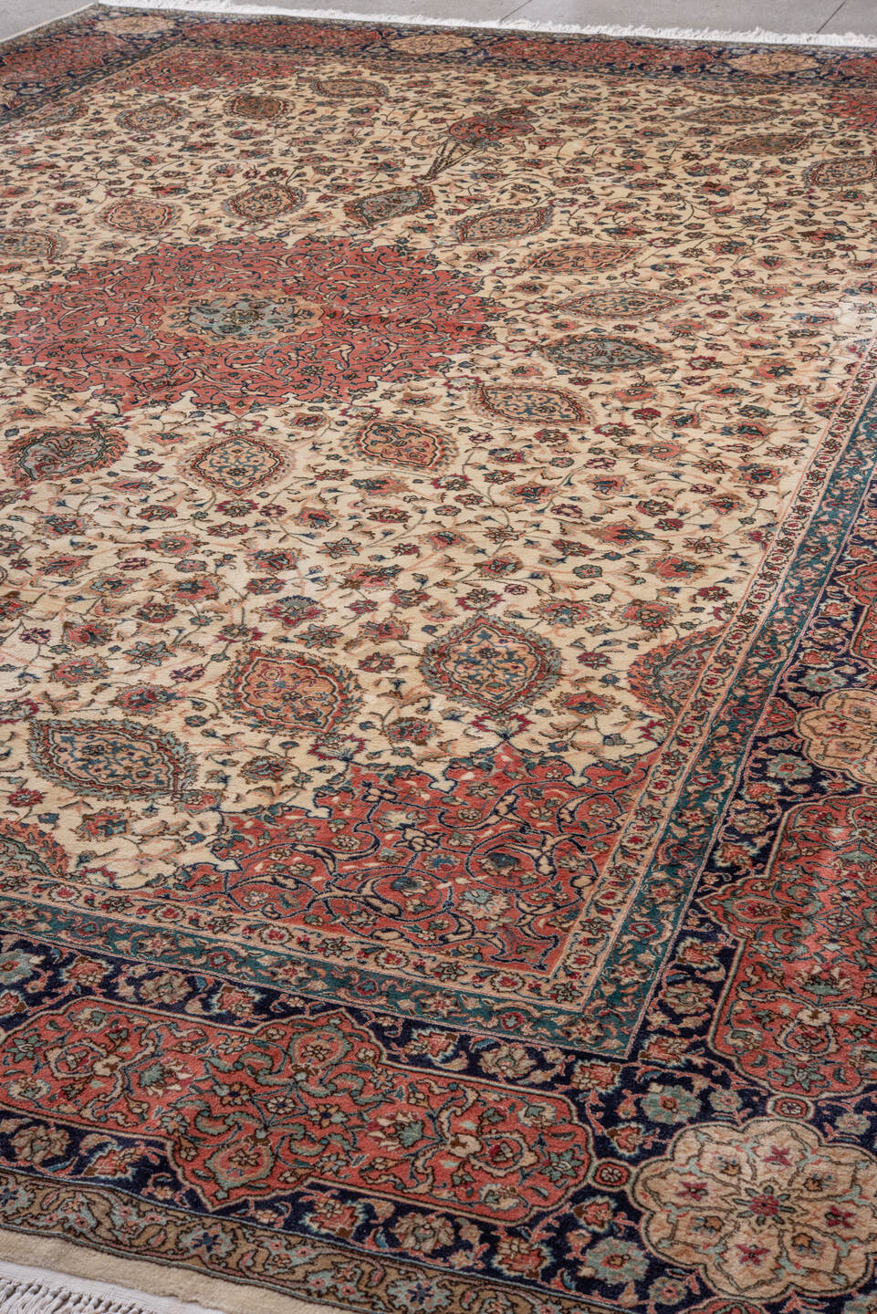 11' x 16' one-of-a-kind handmade antique Tabriz oversize rug. Color palette: ivory, navy, rust, rose, soft blue, camel, sage