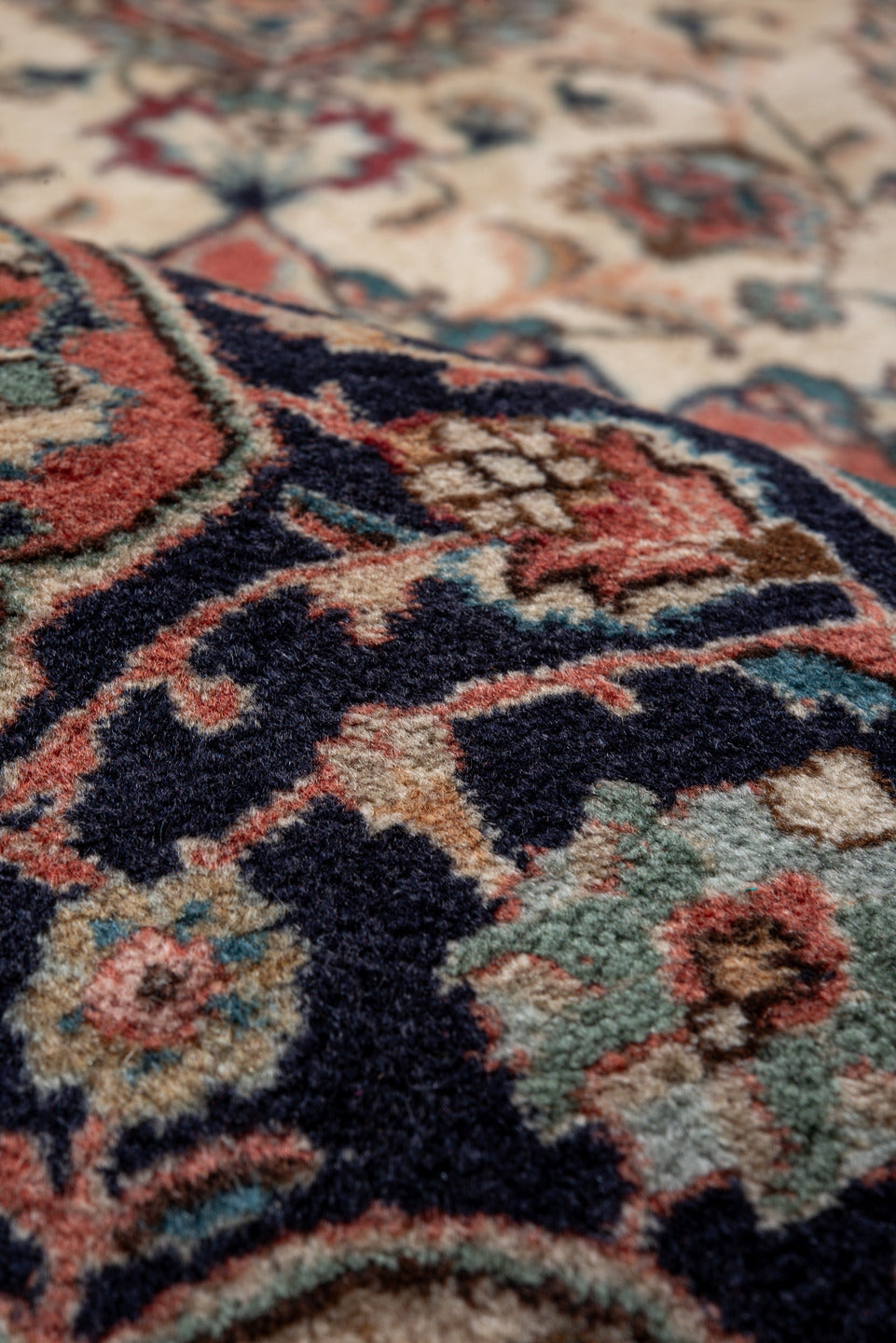 11' x 16' one-of-a-kind handmade antique Tabriz oversize rug. Color palette: ivory, navy, rust, rose, soft blue, camel, sage