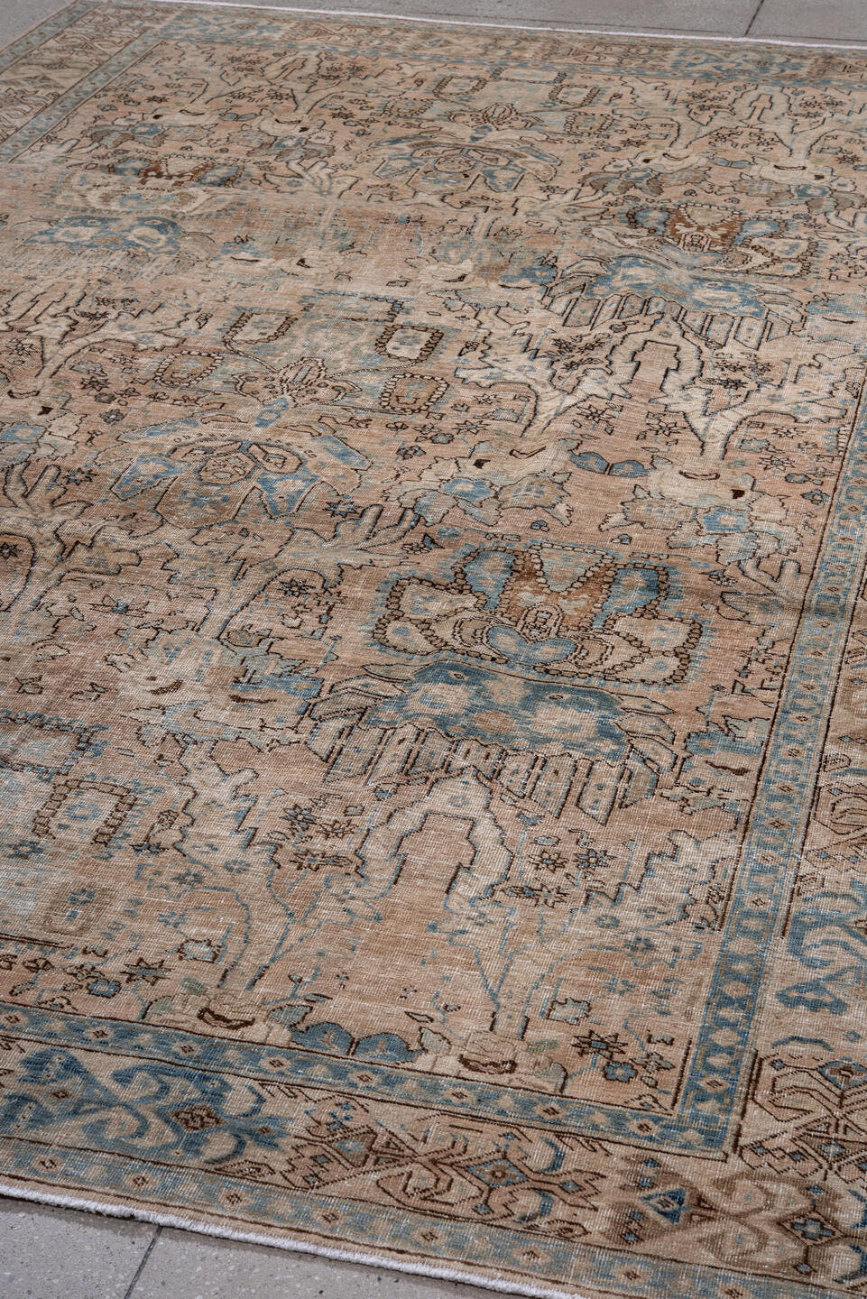 7' x 10' one-of-a-kind handmade antique Ardebil large size rug. Color palette: ivory, beige, sky blue, taupe, brown, camel