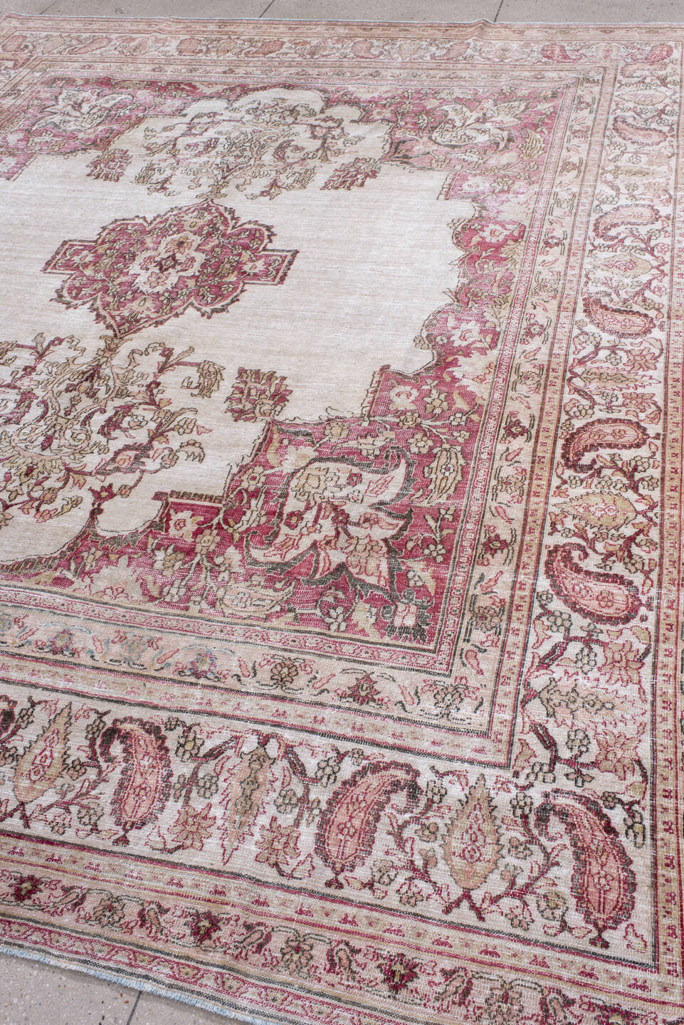 9' x 11' one-of-a-kind handmade antique Khorassan large size rug. Color palette: ivory, rose, taupe, dusty pink, beige