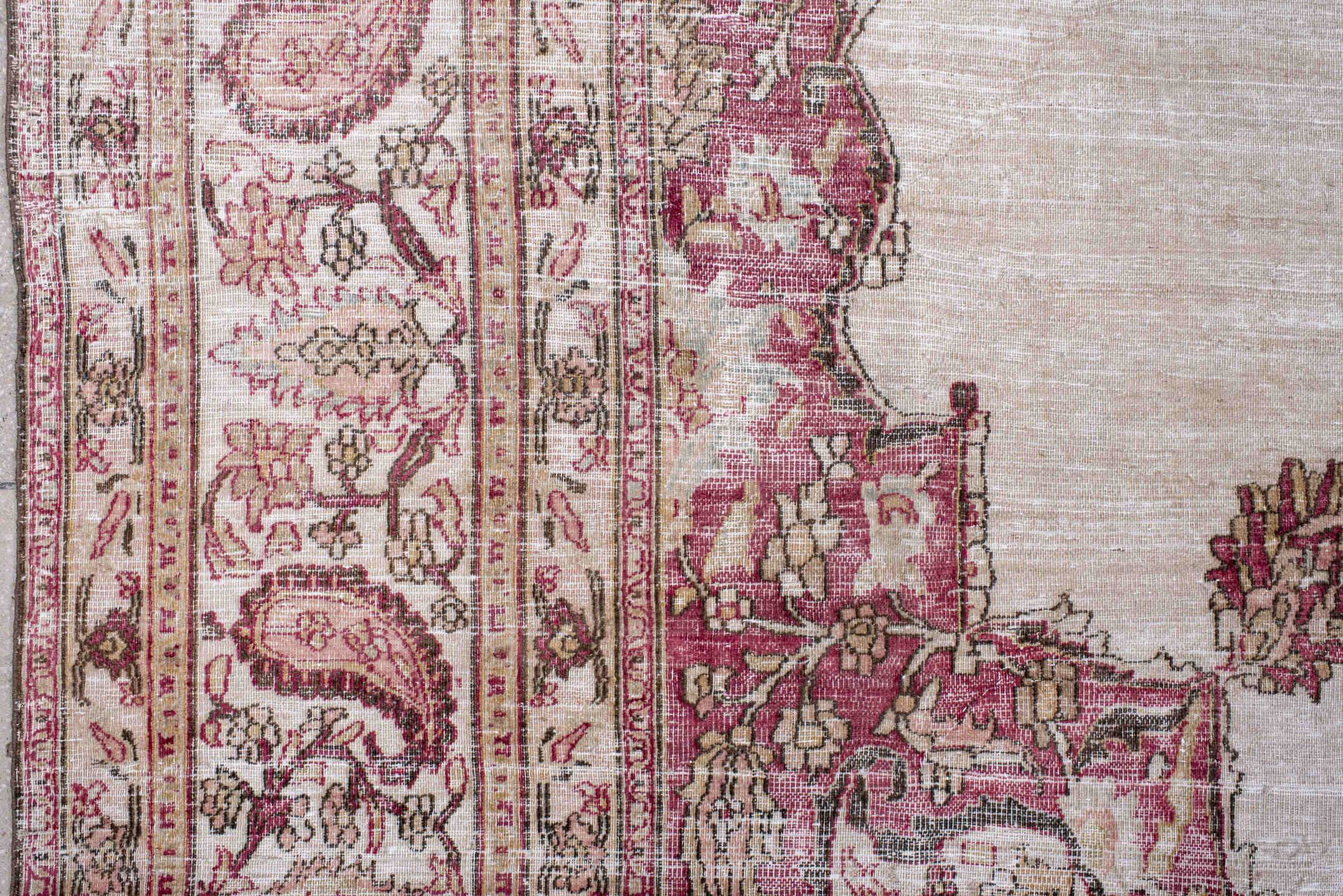 9' x 11' one-of-a-kind handmade antique Khorassan large size rug. Color palette: ivory, rose, taupe, dusty pink, beige