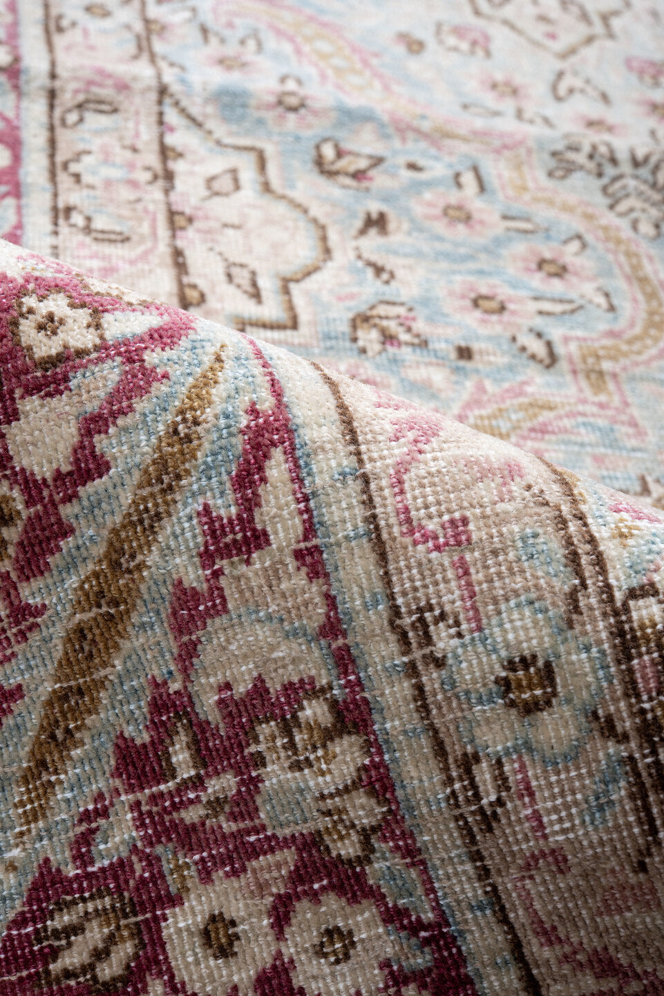 6' x 9' one-of-a-kind handmade antique Hereke medium size rug. Color palette: pale blue, rose, ivory, burgundy, taupe, camel