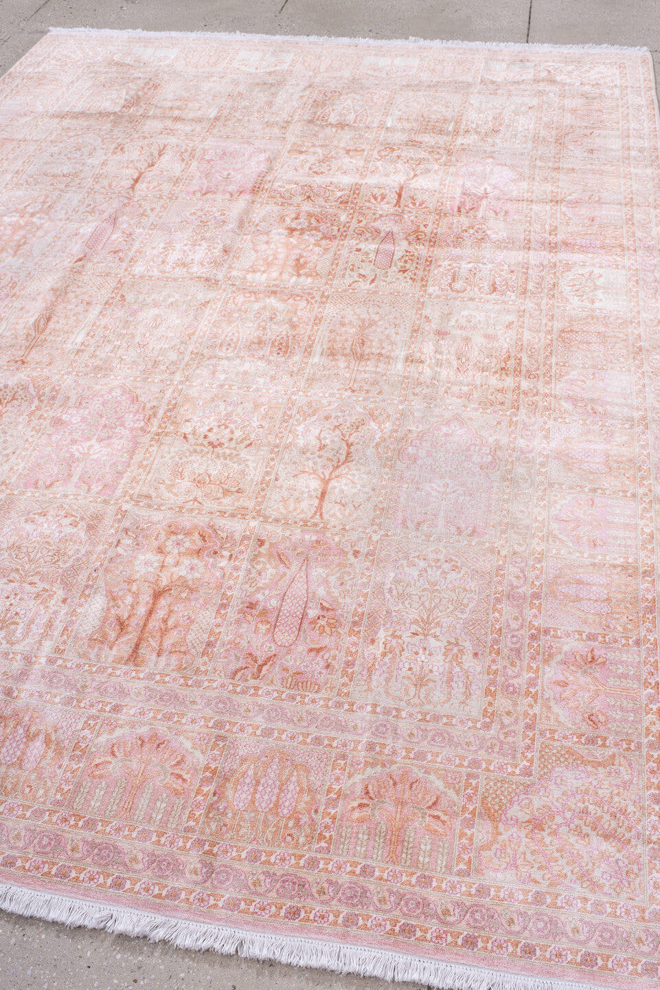 7' x 9' one-of-a-kind handmade antique Kashmir rug. Color palette: ivory, blush, rose, peach, salmon, taupe, pink, red