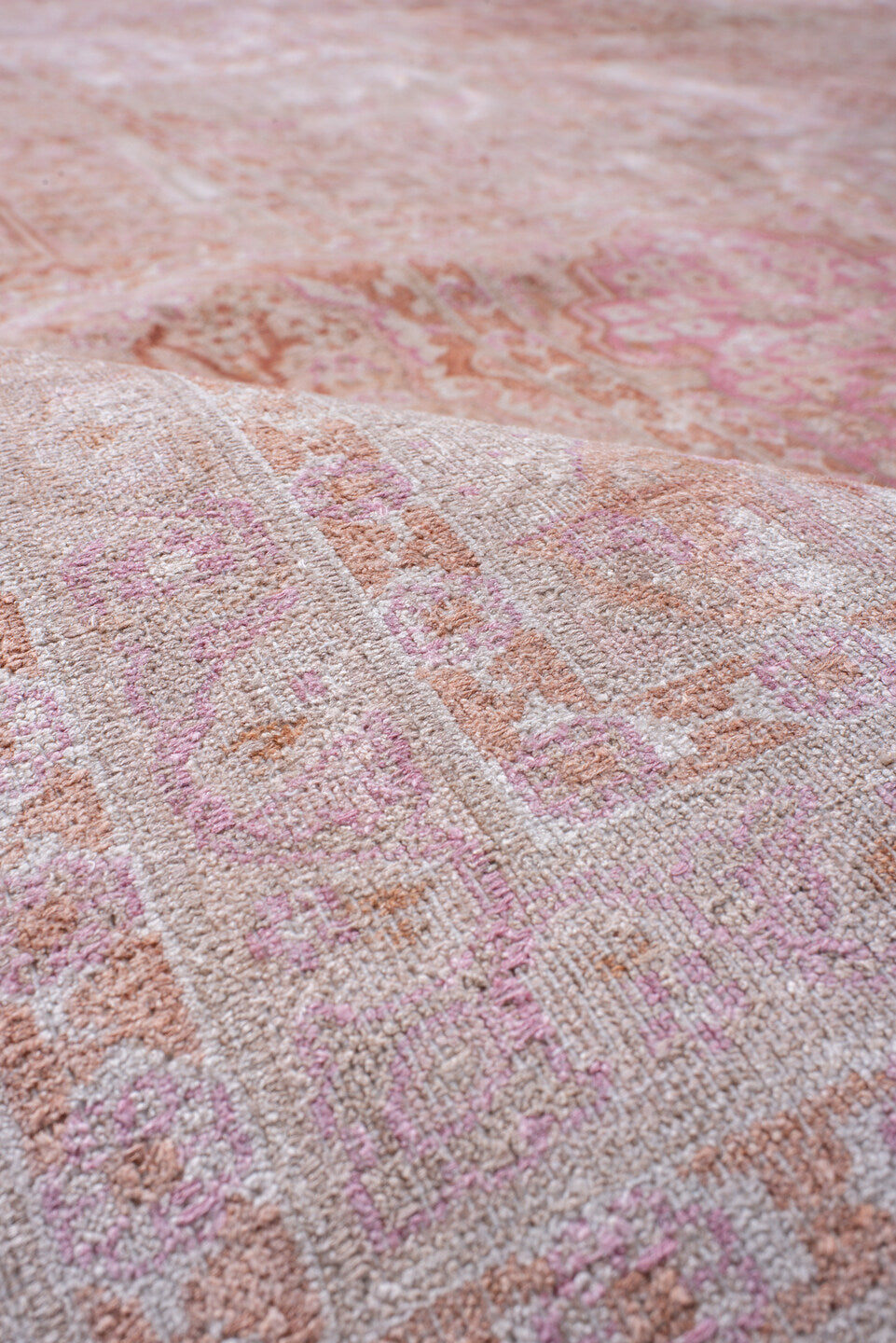 7' x 9' one-of-a-kind handmade vintage Kashmir rug. Color palette: pink, off-white, light gray, gray, misty rose, linen
