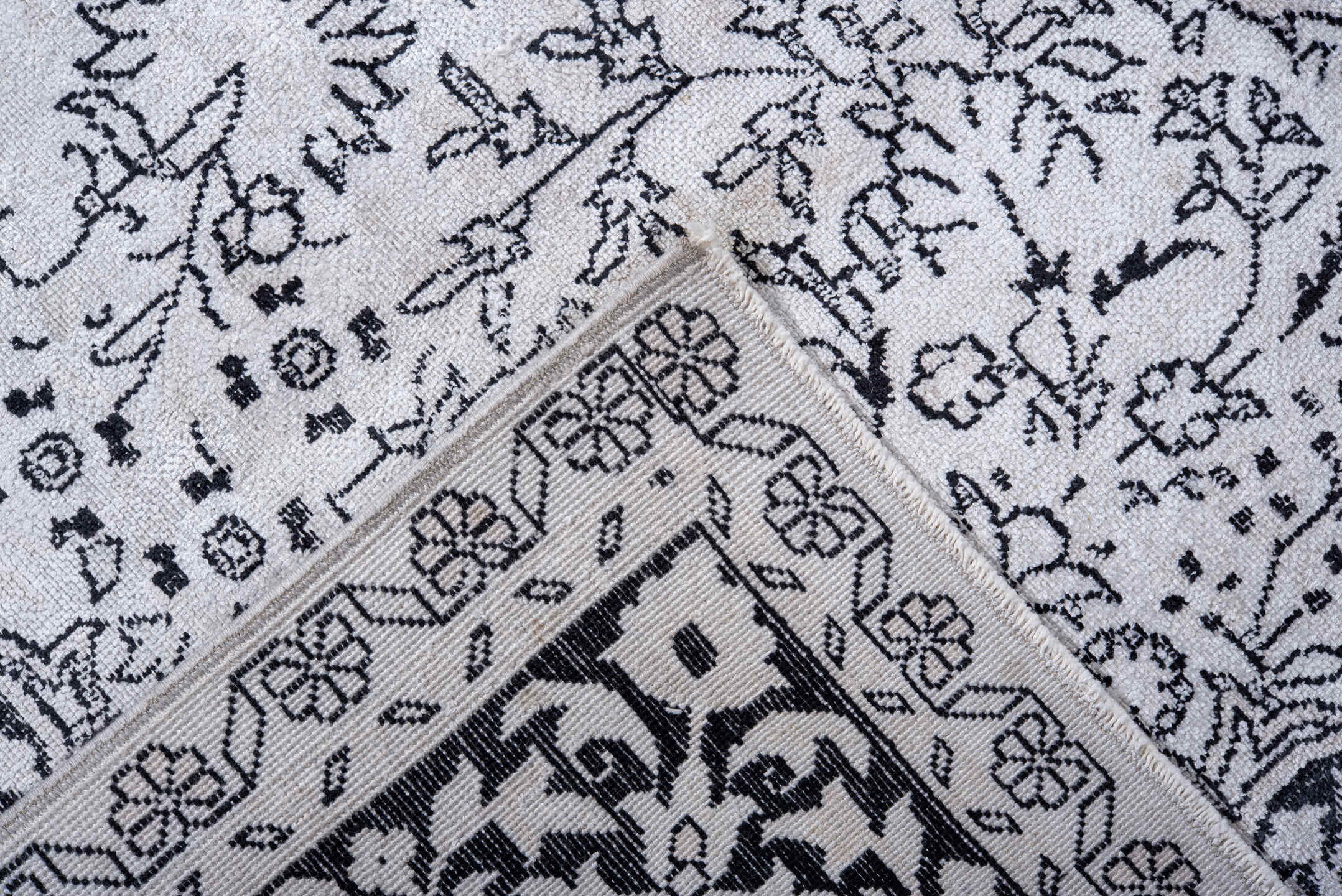 6' x 8' one-of-a-kind handmade vintage Kaisary medium size rug. Color palette: gray, light blue, blue, pink, light gray