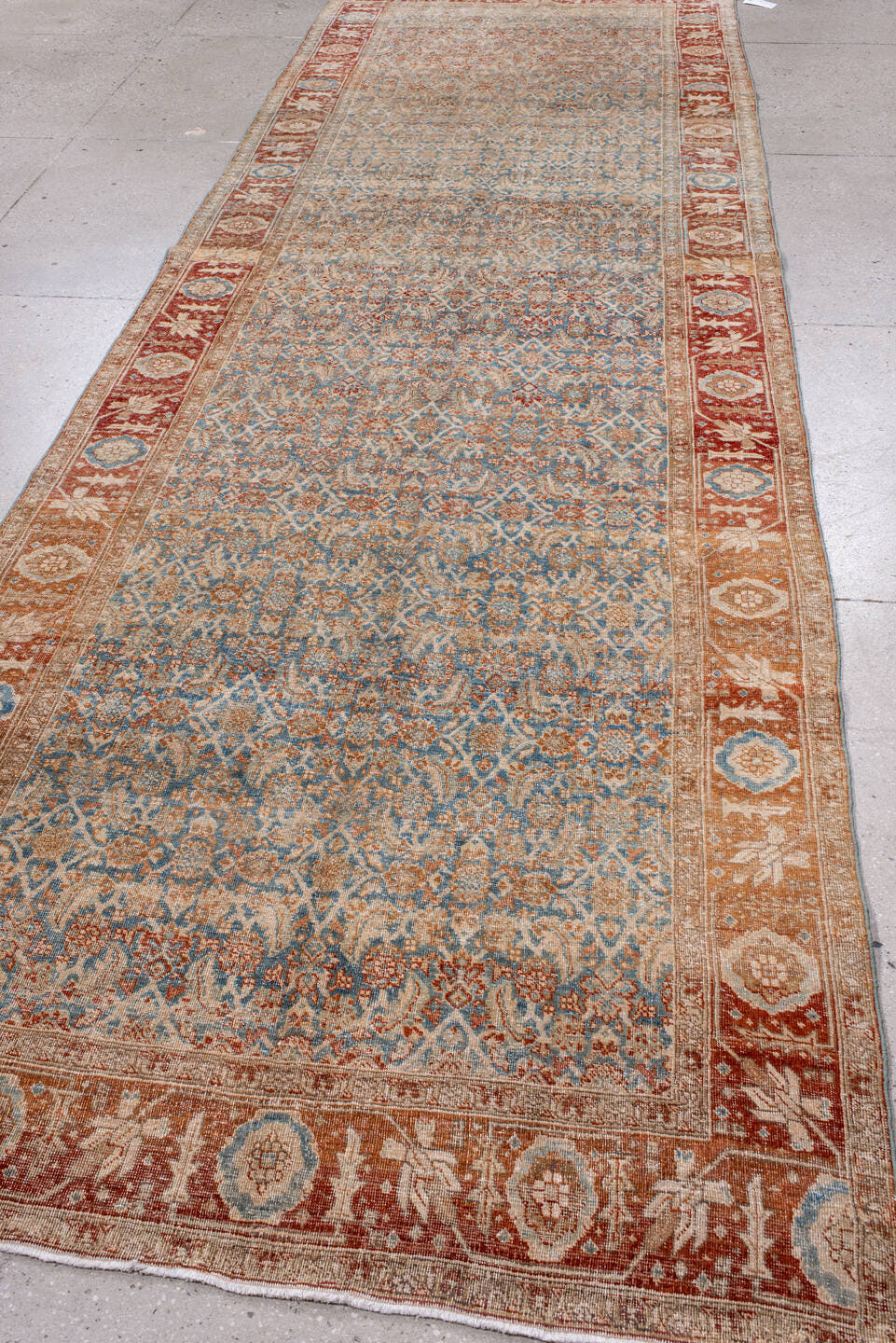 4' x 15' one-of-a-kind handmade antique Bidjar runner rug. Color palette: ivory, pale blue, rust, beige, tan, camel